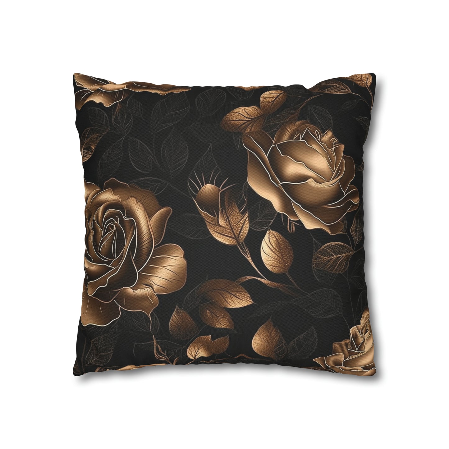 Spun Polyester Square Pillowcase Black and Gold Roses