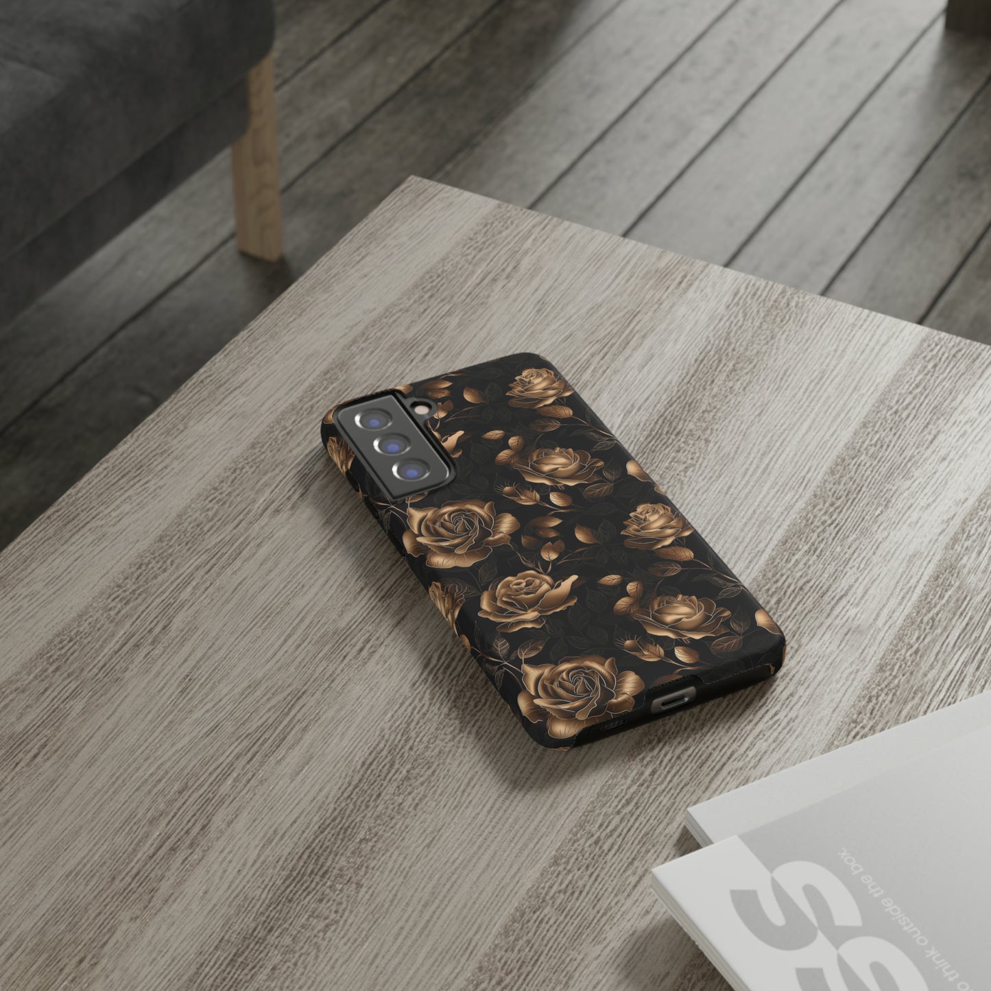 Tough Phone Case Black and Gold Roses