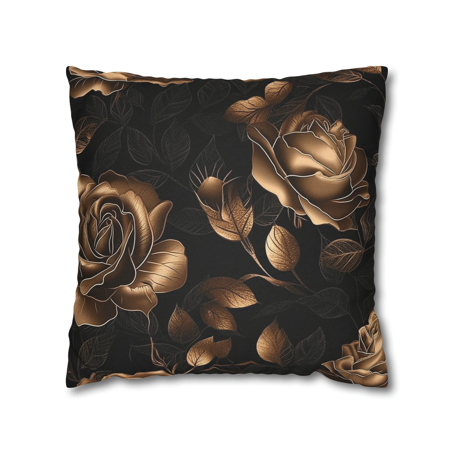 Spun Polyester Square Pillowcase Black and Gold Roses