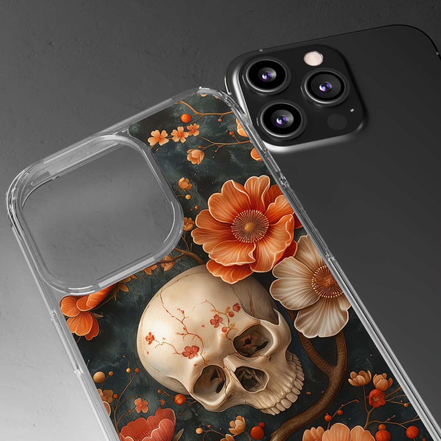 Clear Phone Cases Skull and Flowers Design