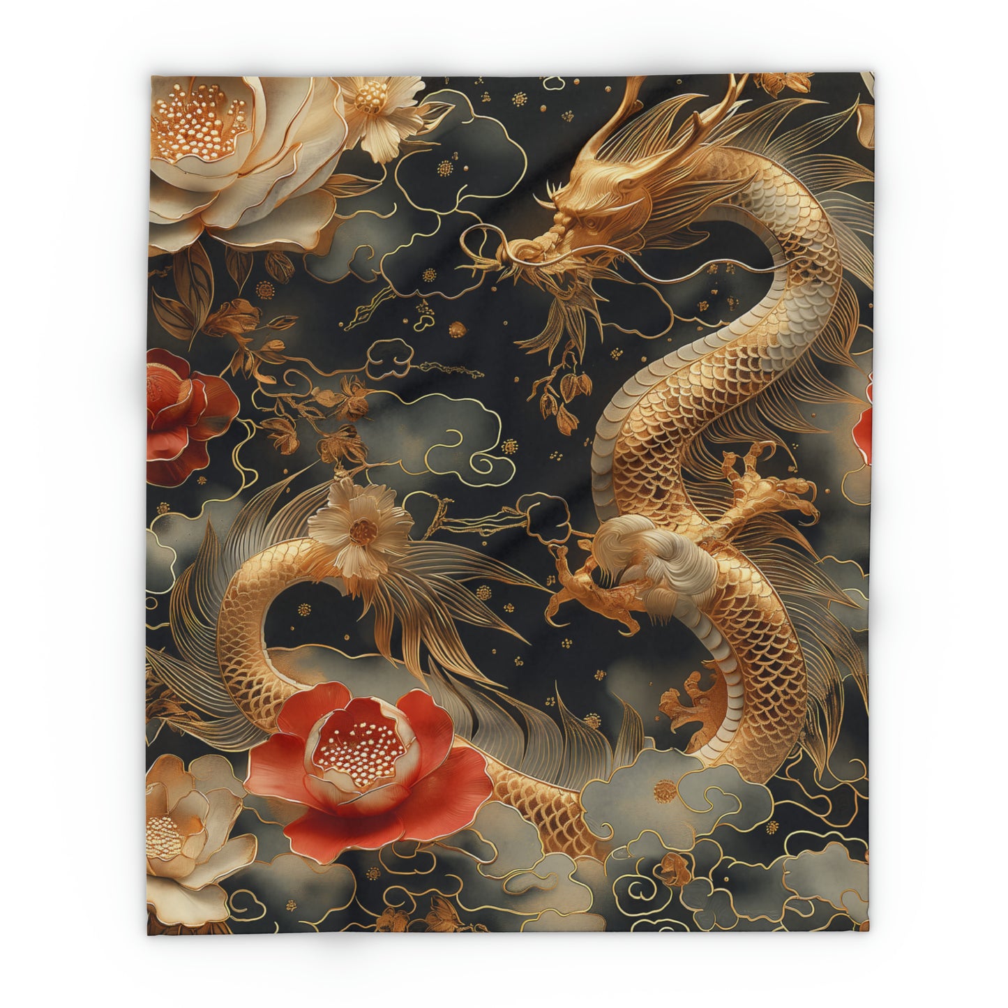 Arctic Fleece Blanket Luxurious Black and Gold Dragon