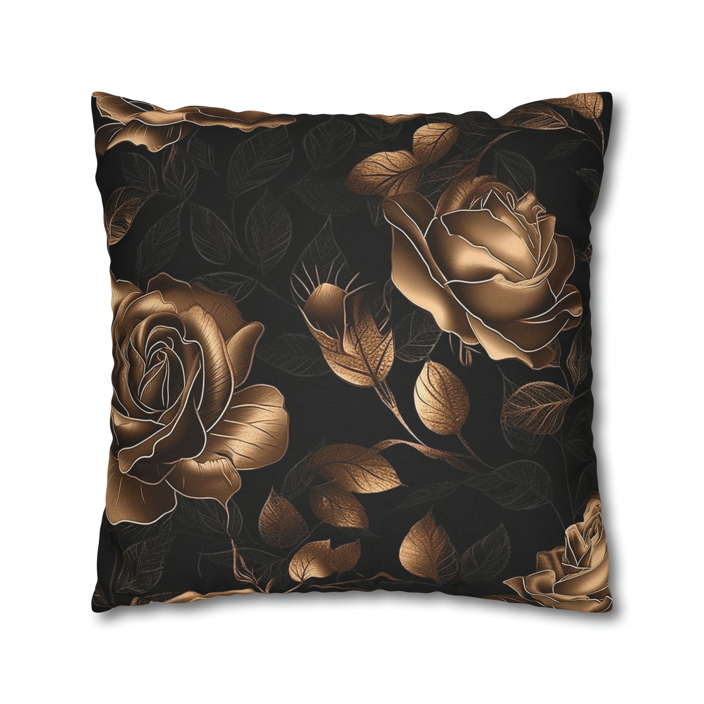 Spun Polyester Square Pillowcase Black and Gold Roses