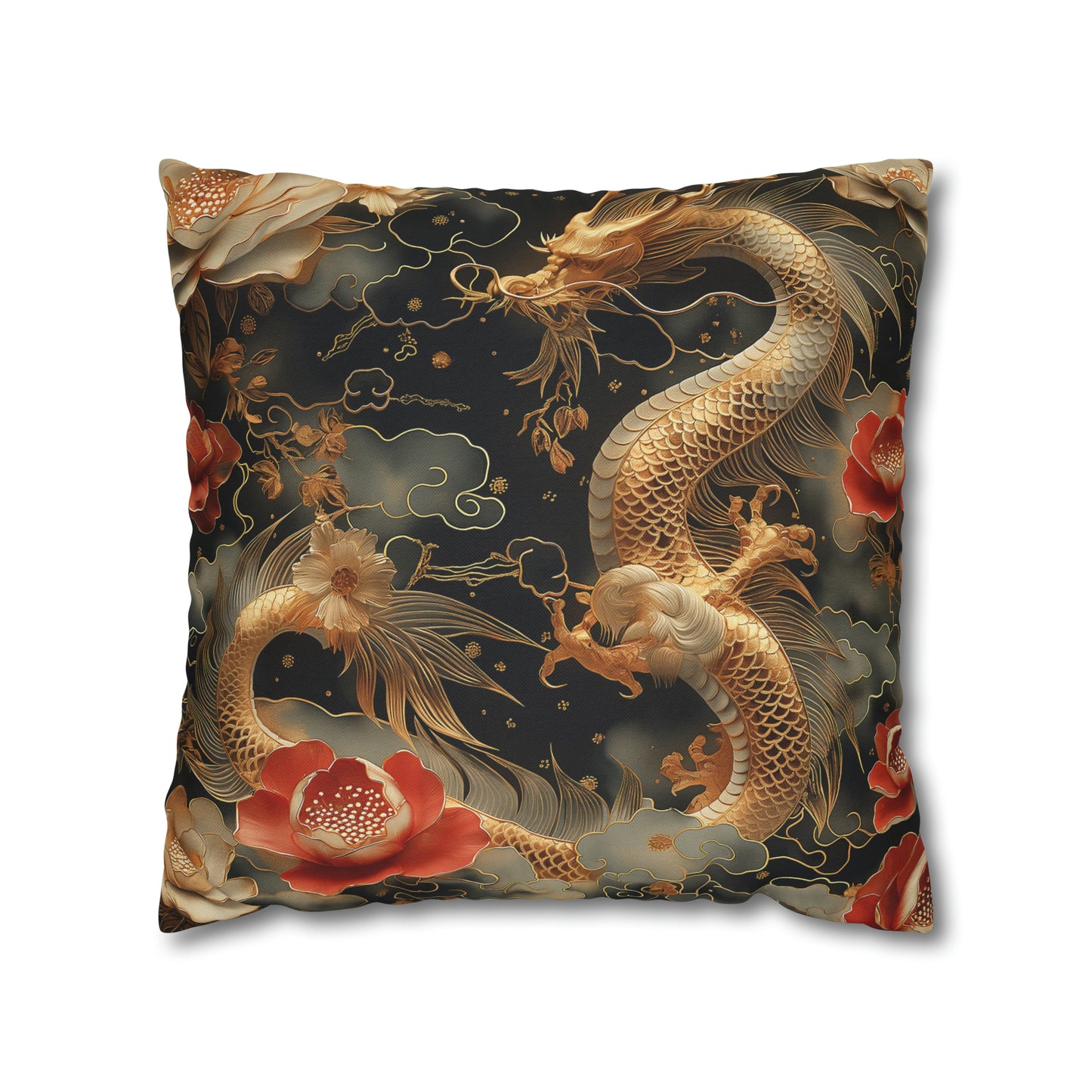 Spun Polyester Square Pillow Gold Dragon