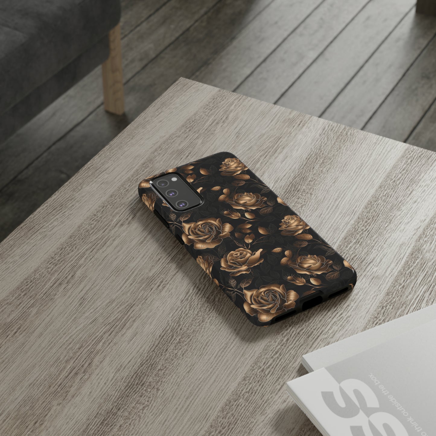 Tough Phone Case Black and Gold Roses