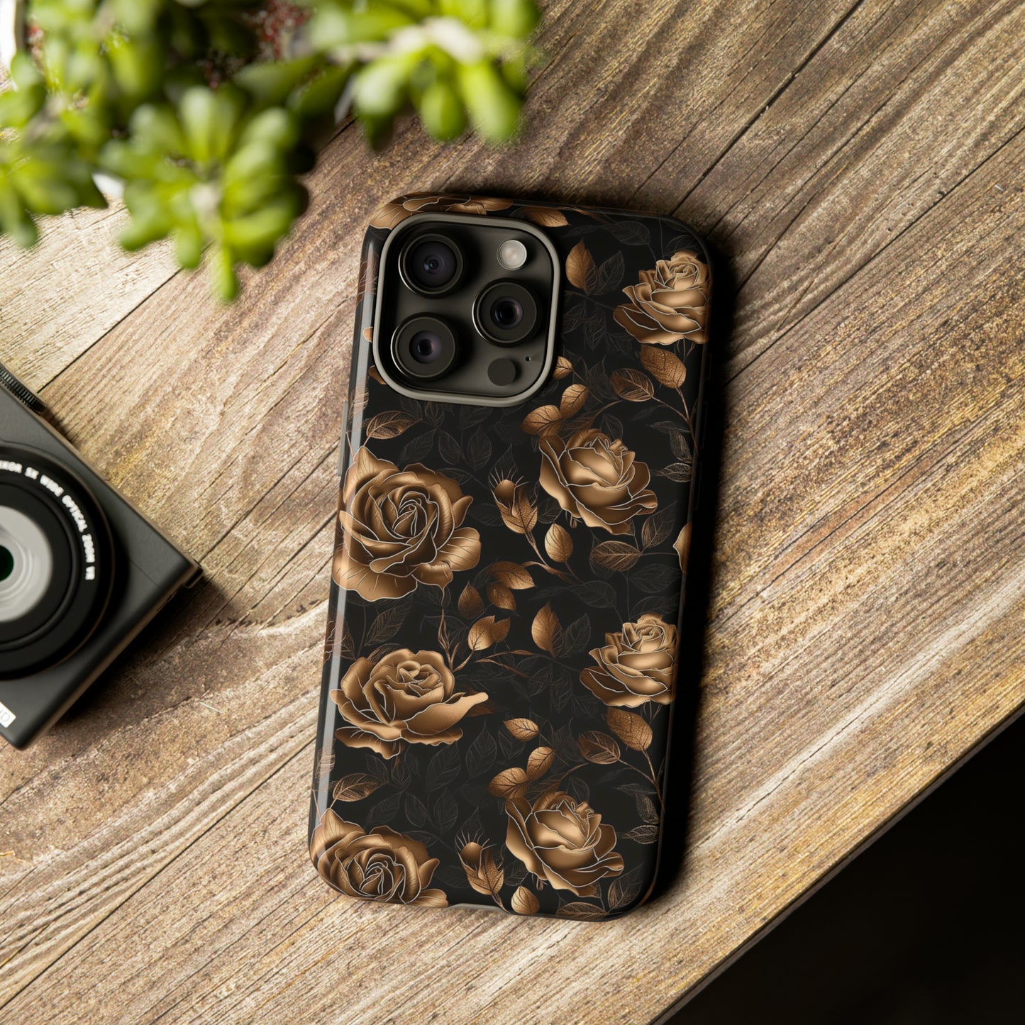 Tough Phone Case Black and Gold Roses