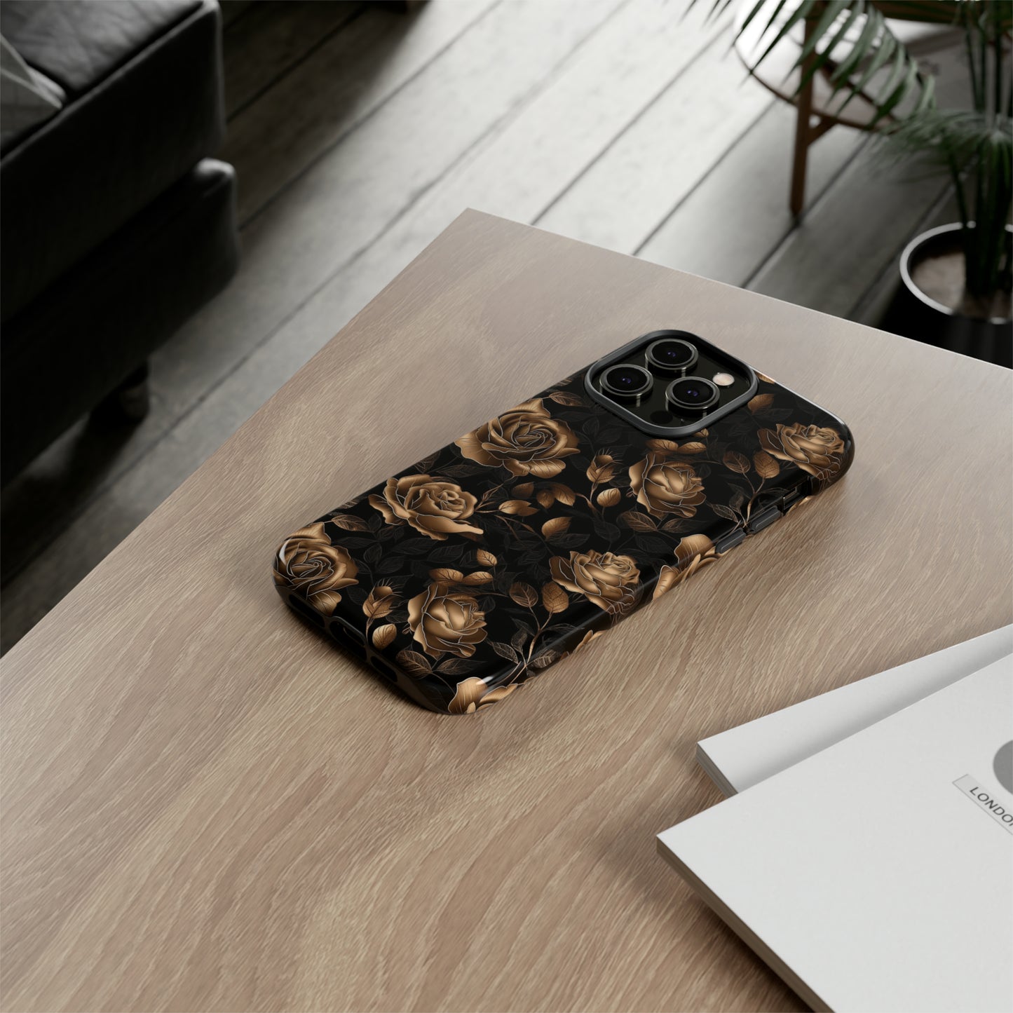 Tough Phone Case Black and Gold Roses