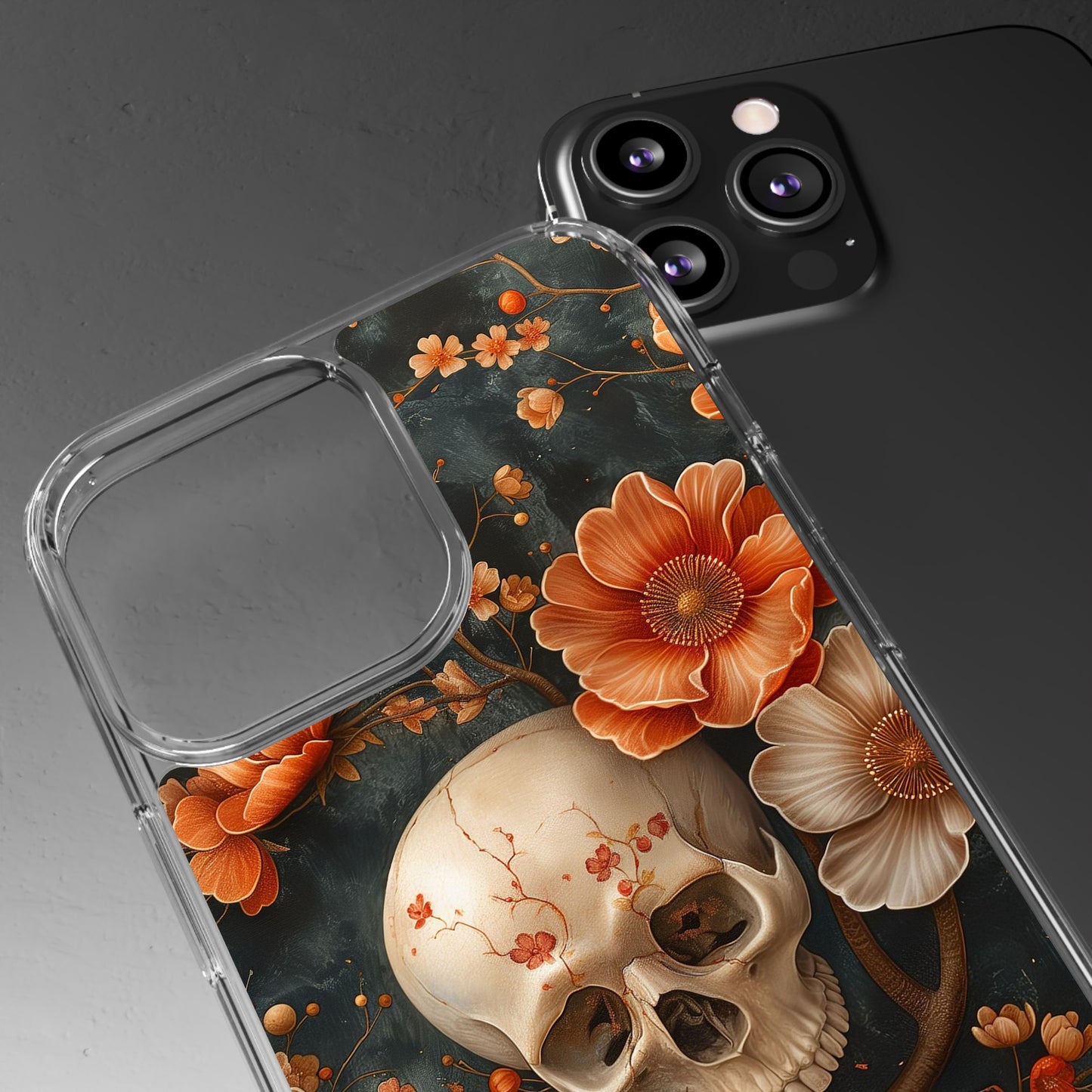 Clear Phone Cases Skull and Flowers Design