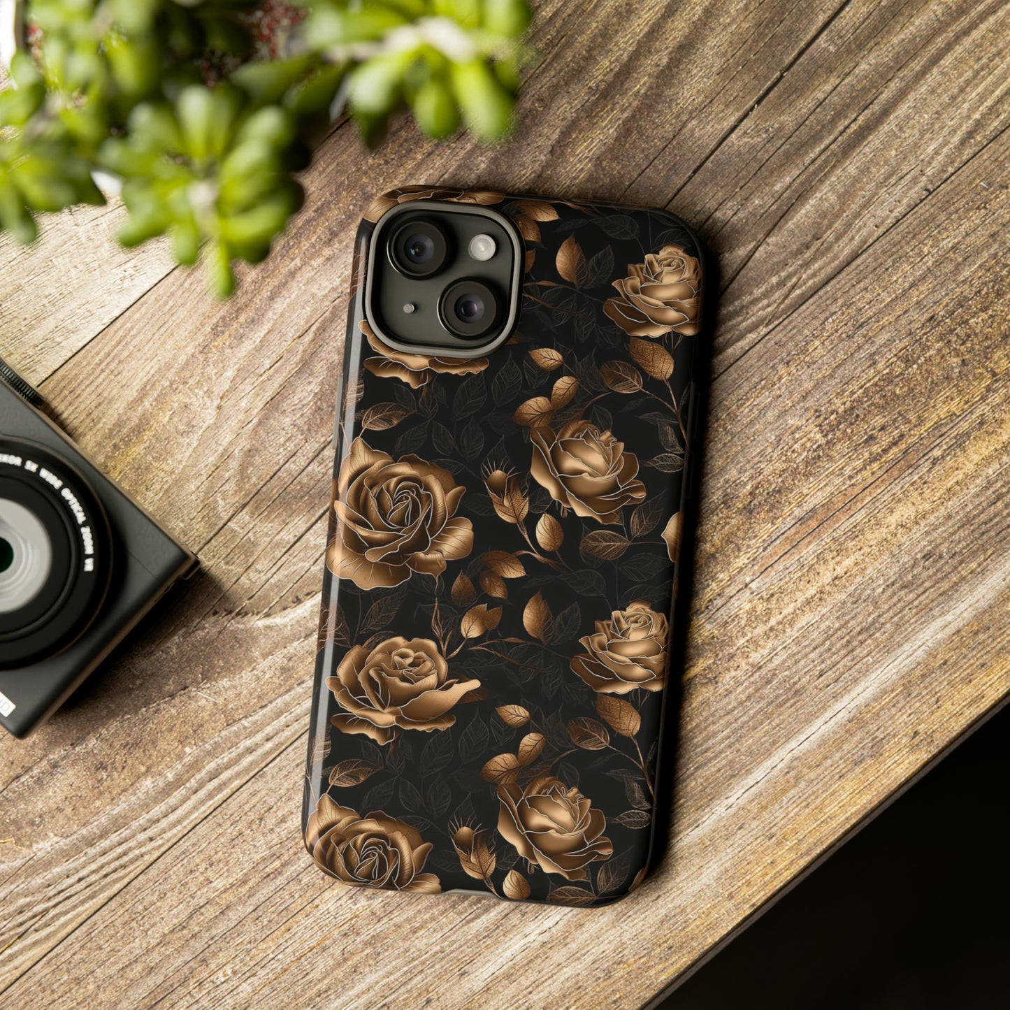 Tough Phone Case Black and Gold Roses