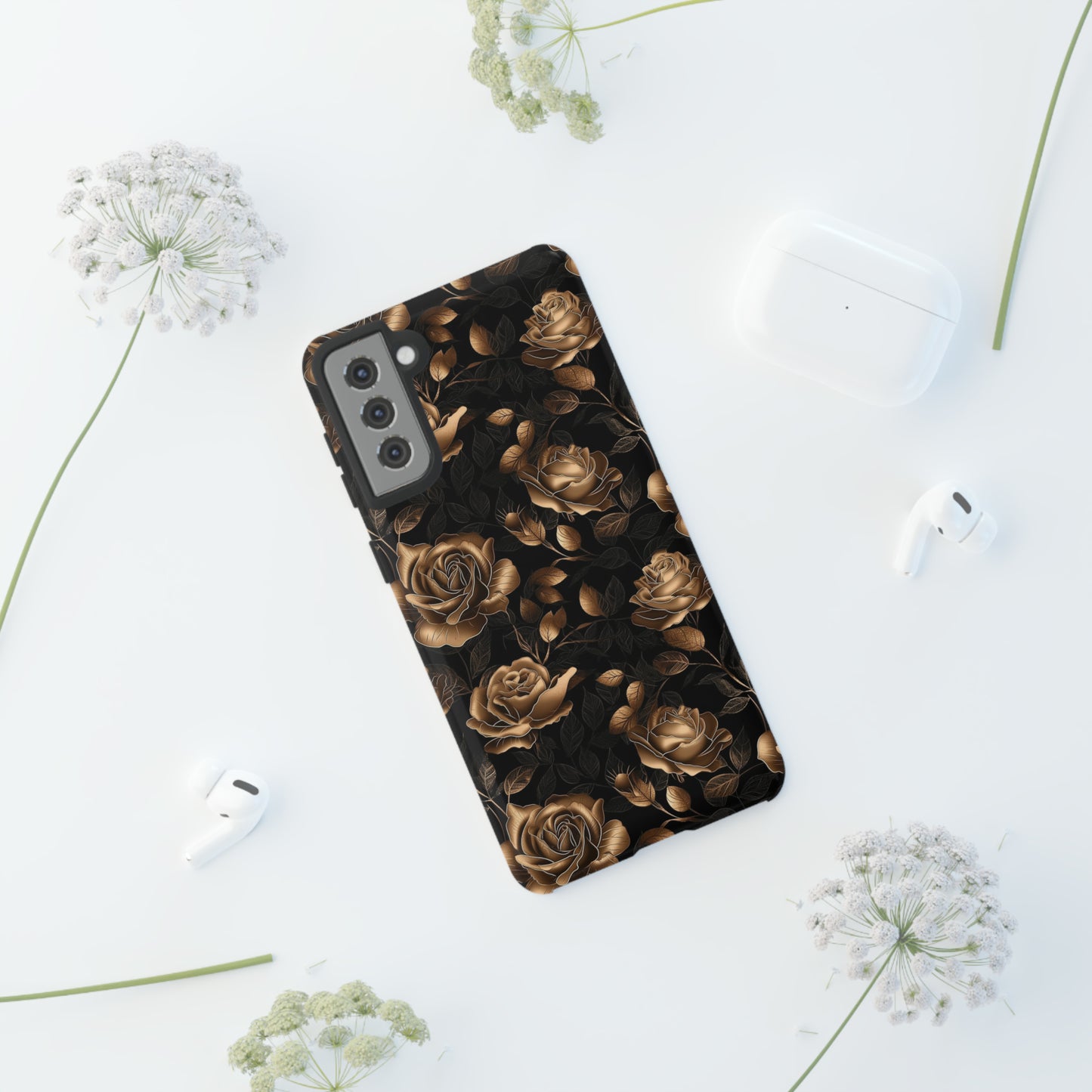 Tough Phone Case Black and Gold Roses