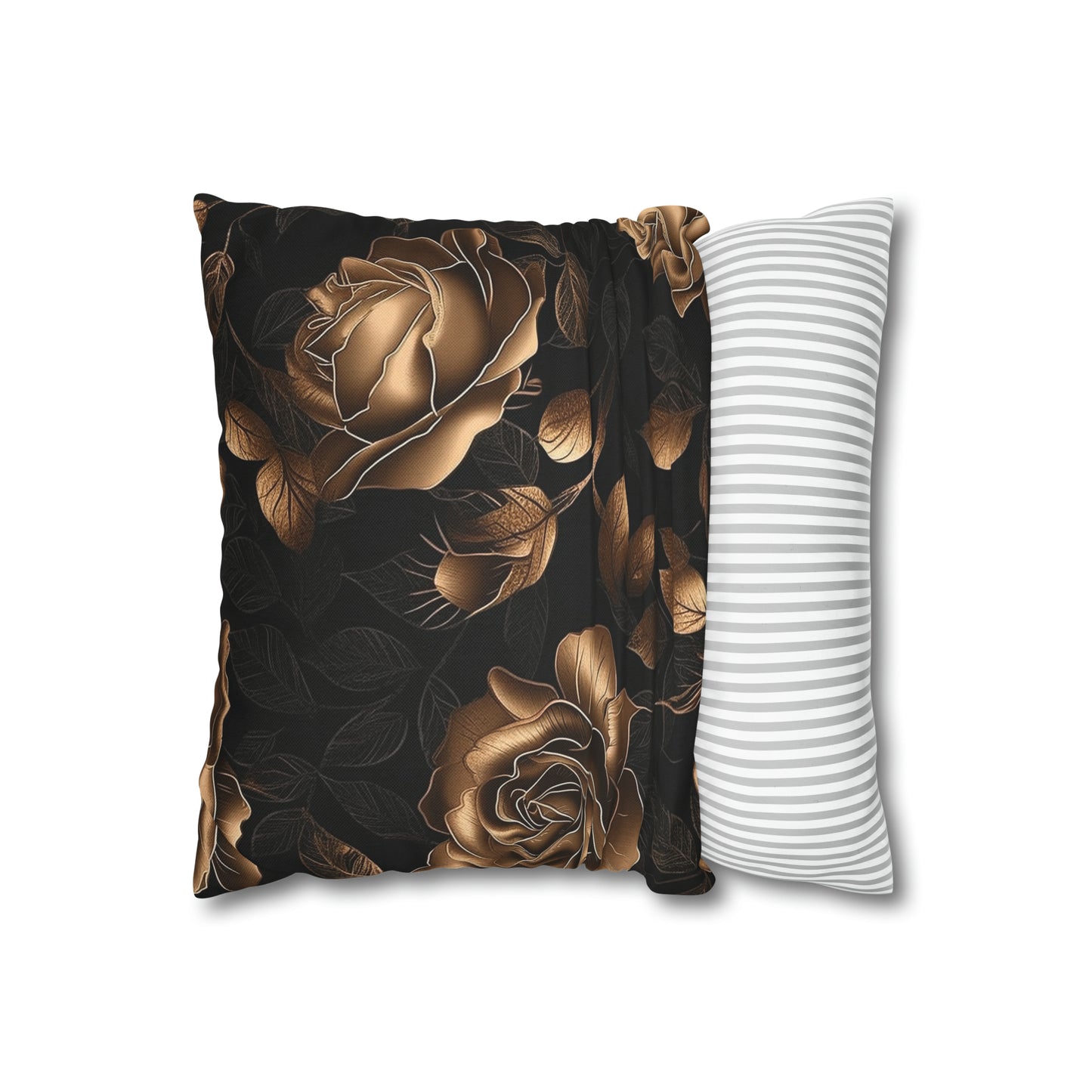 Spun Polyester Square Pillowcase Black and Gold Roses