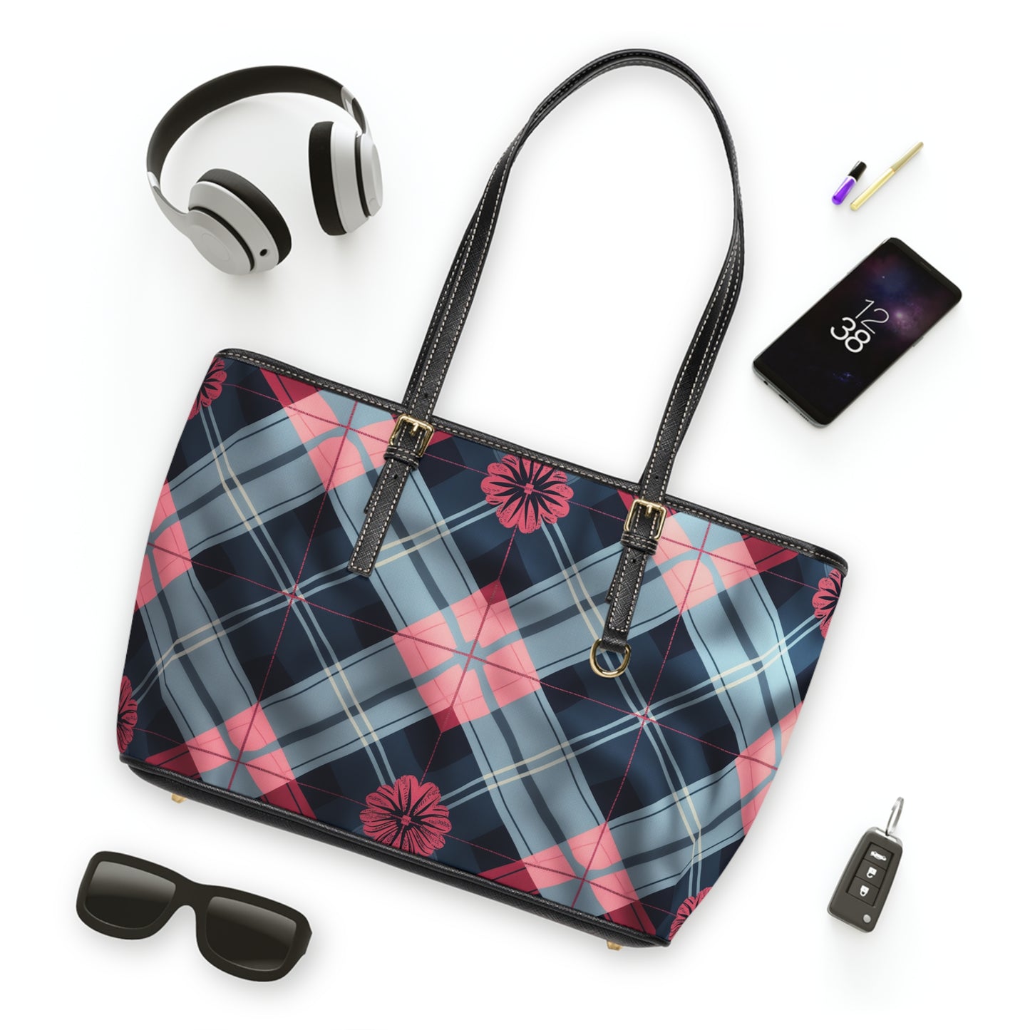 Blue and Pink Pattern PU Leather Shoulder Bag