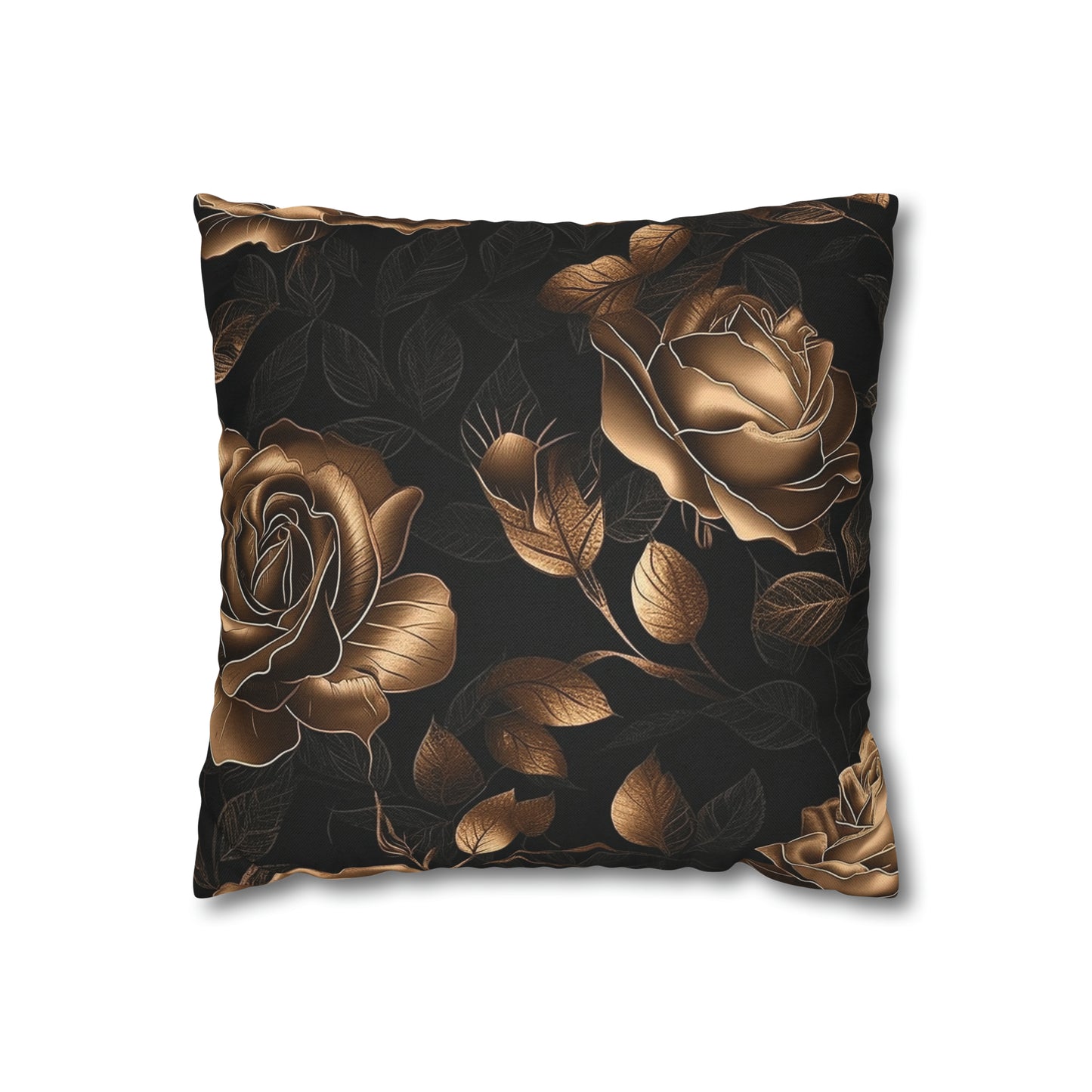 Spun Polyester Square Pillowcase Black and Gold Roses