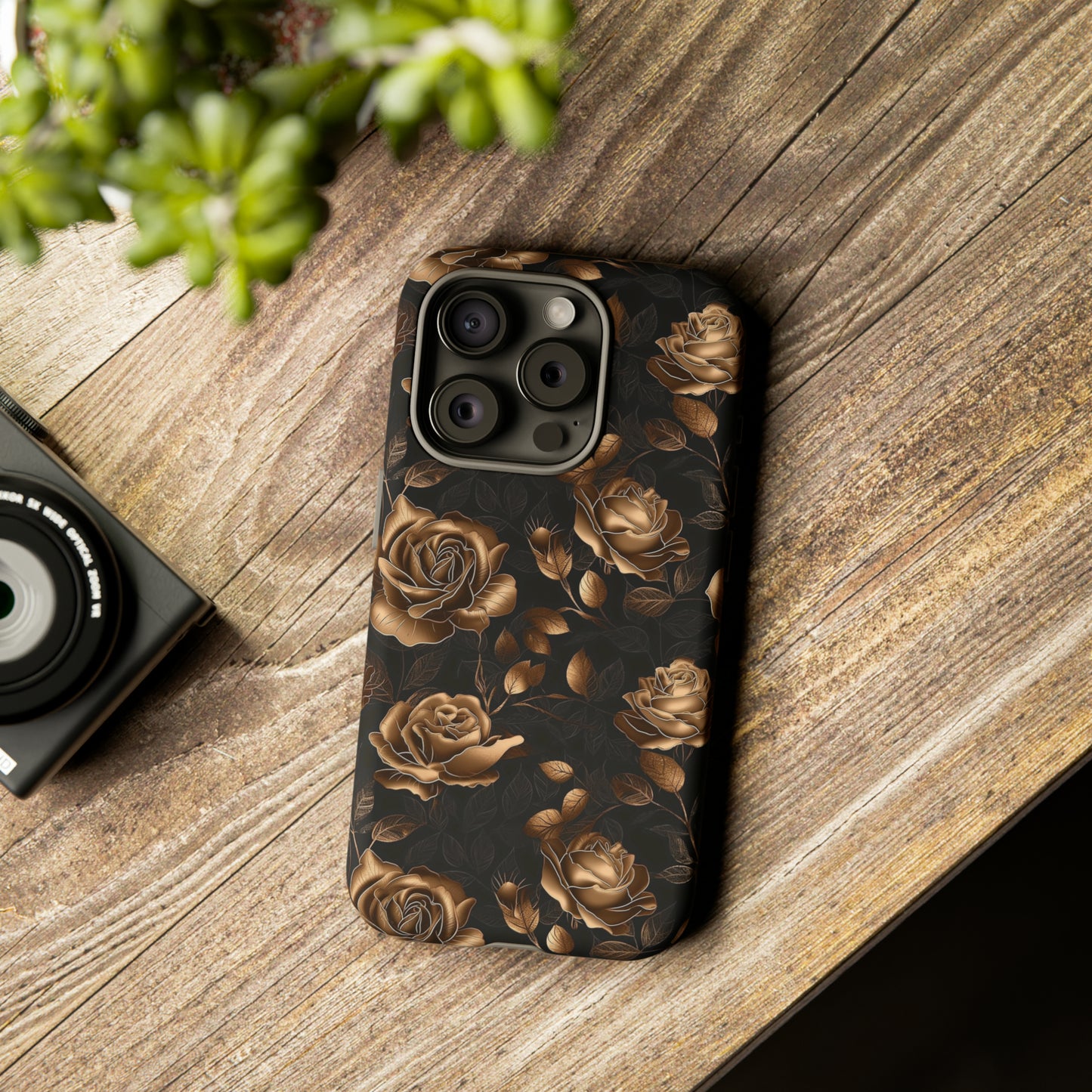 Tough Phone Case Black and Gold Roses