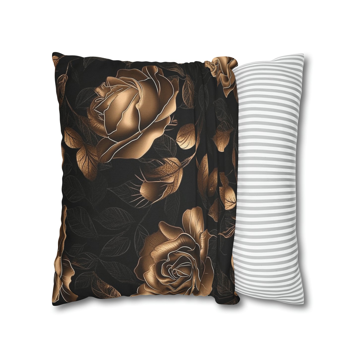 Spun Polyester Square Pillowcase Black and Gold Roses