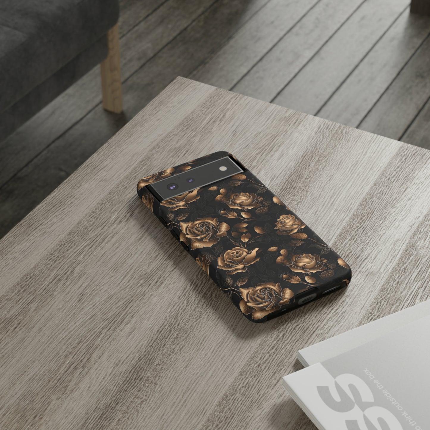 Tough Phone Case Black and Gold Roses