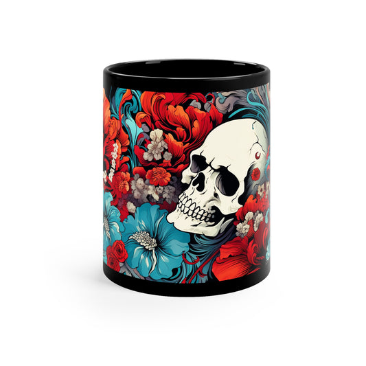 11oz Black Eternal Bloom Skull Mug (Red/Blue/Floral)