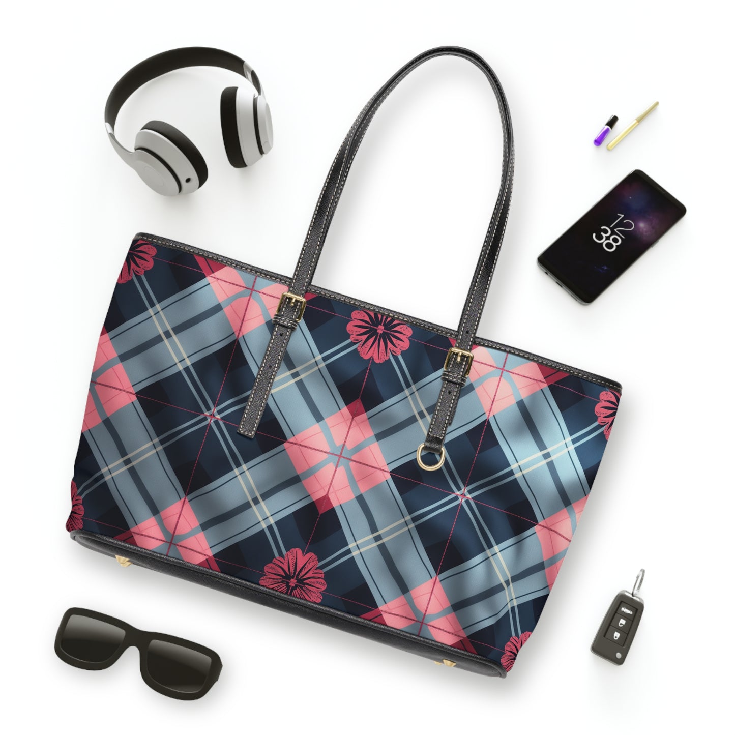 Blue and Pink Pattern PU Leather Shoulder Bag