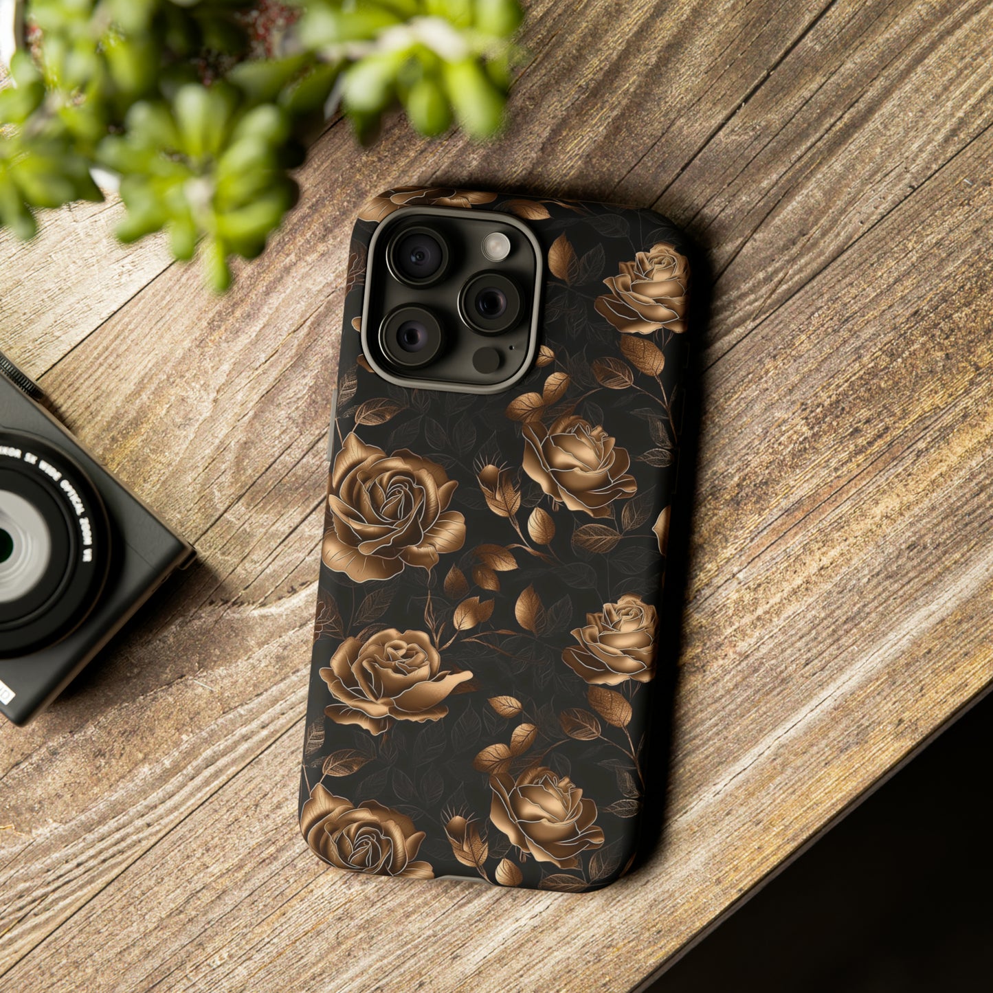 Tough Phone Case Black and Gold Roses