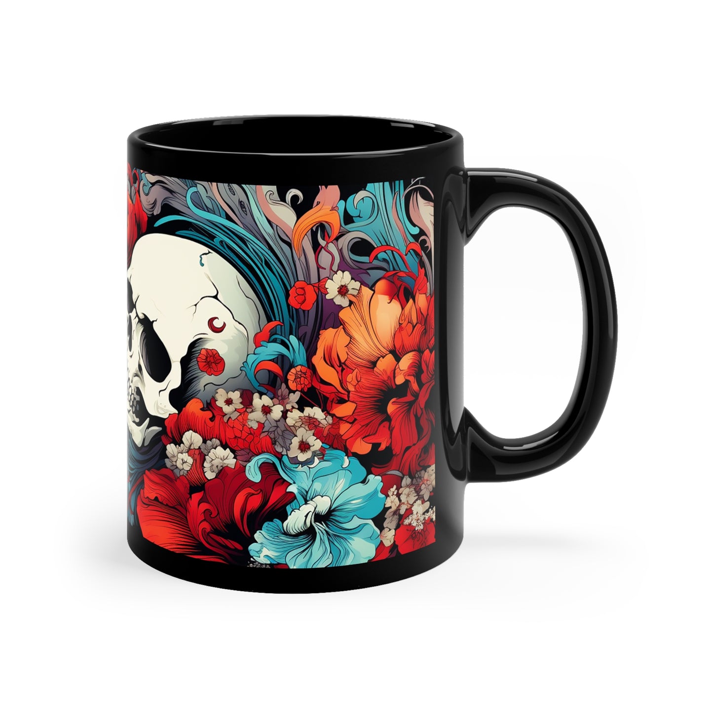 11oz Black Eternal Bloom Skull Mug (Red/Blue/Floral)