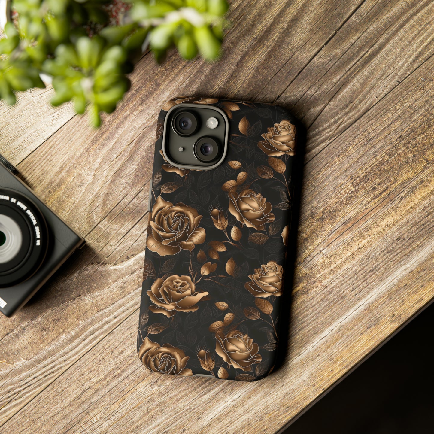 Tough Phone Case Black and Gold Roses