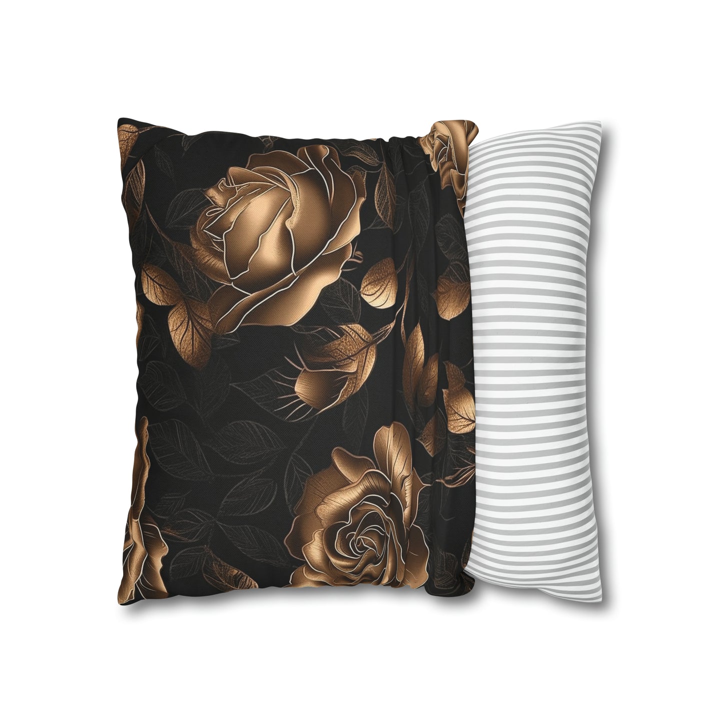 Spun Polyester Square Pillowcase Black and Gold Roses