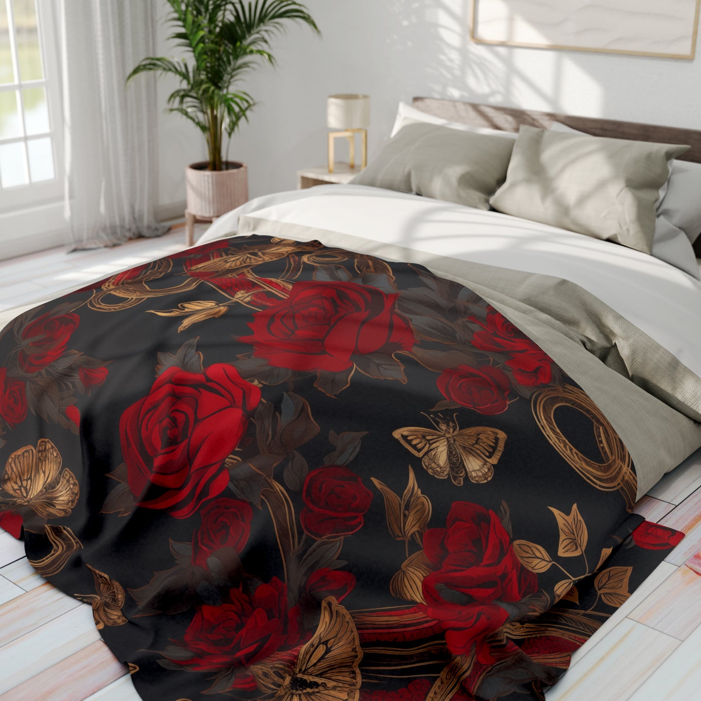 Arctic Fleece Blanket Roses and Gold Butterfly