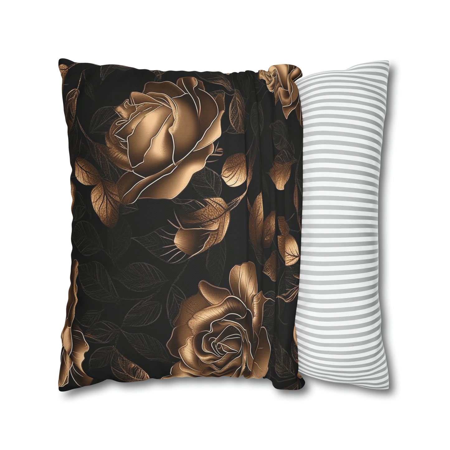 Spun Polyester Square Pillowcase Black and Gold Roses