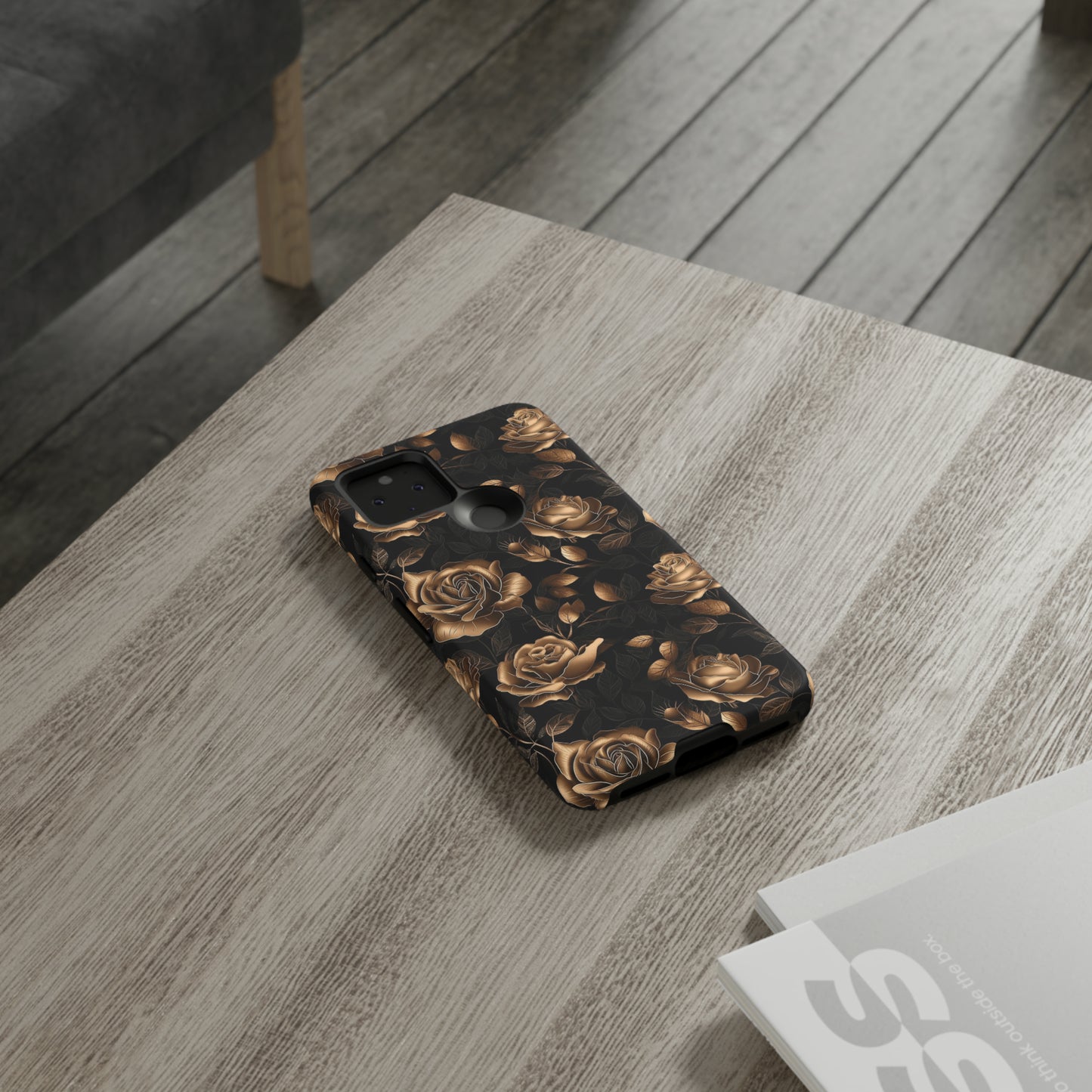 Tough Phone Case Black and Gold Roses