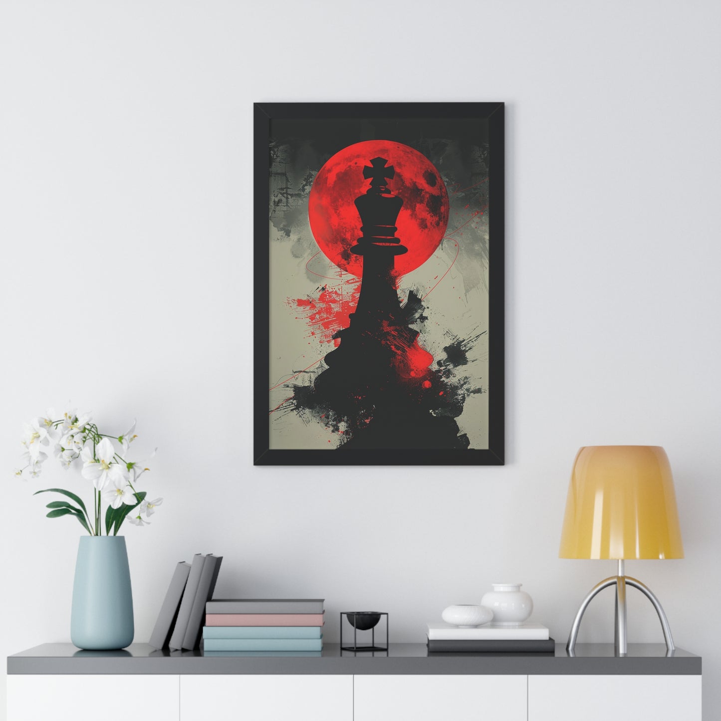 Blood Moon Strategy - Bold Chess Art in Red and Black Framed