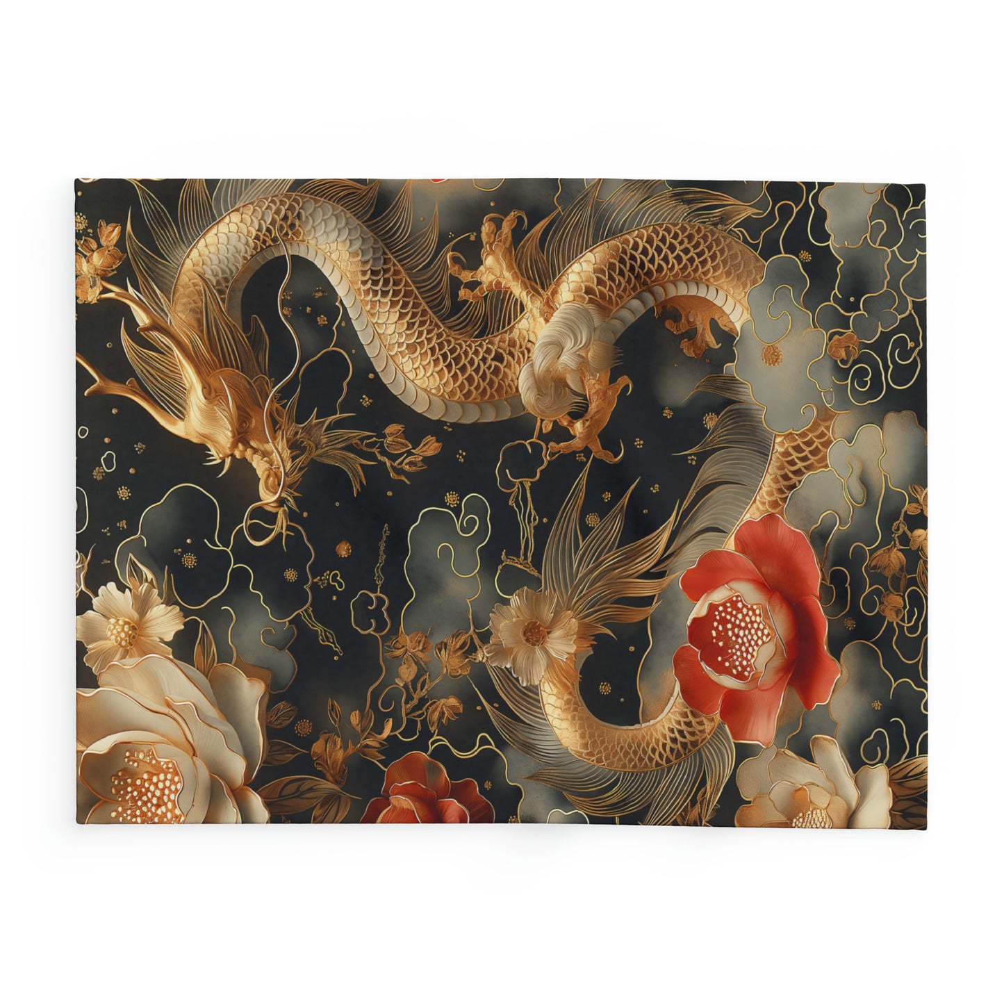 Arctic Fleece Blanket Luxurious Black and Gold Dragon