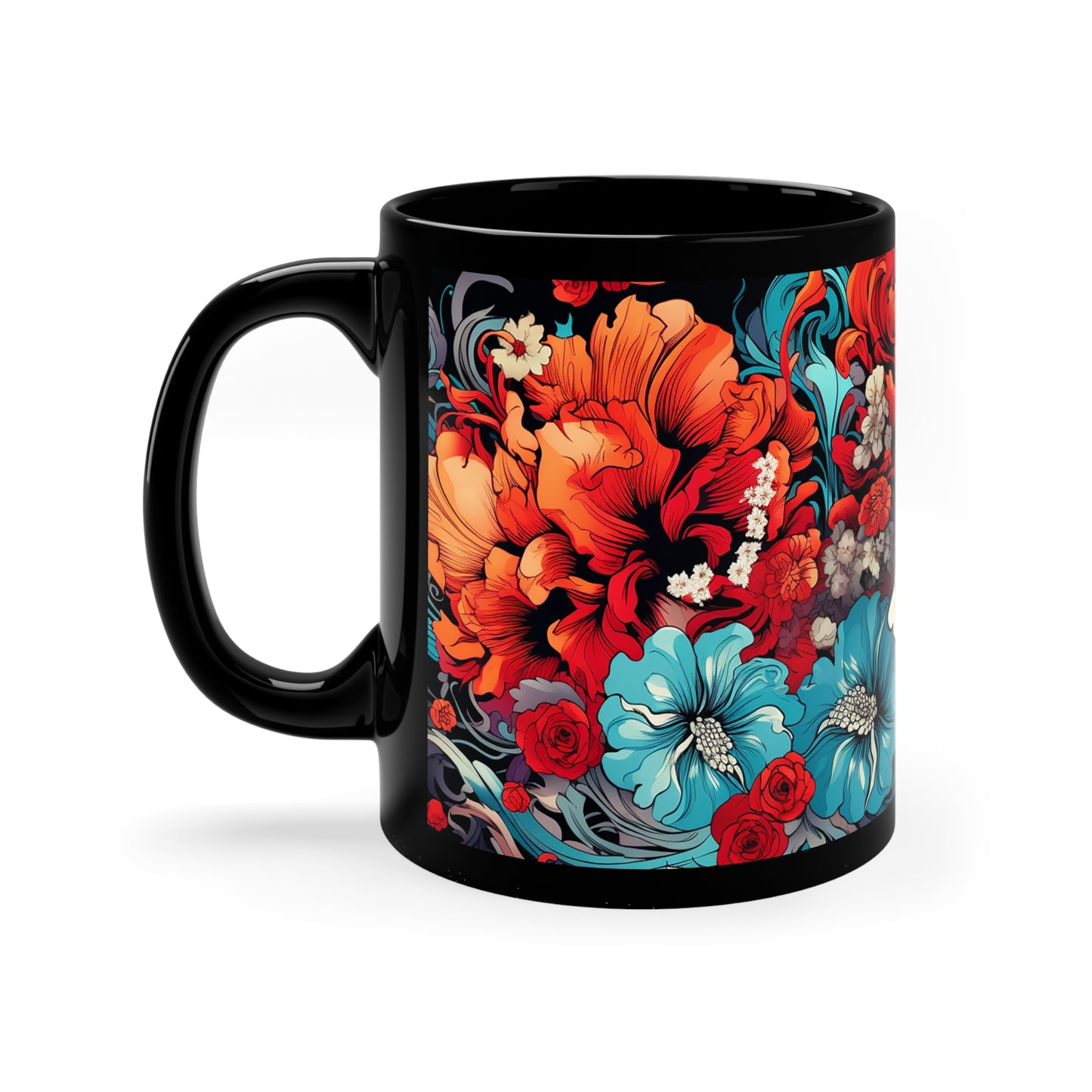 11oz Black Eternal Bloom Skull Mug (Red/Blue/Floral)