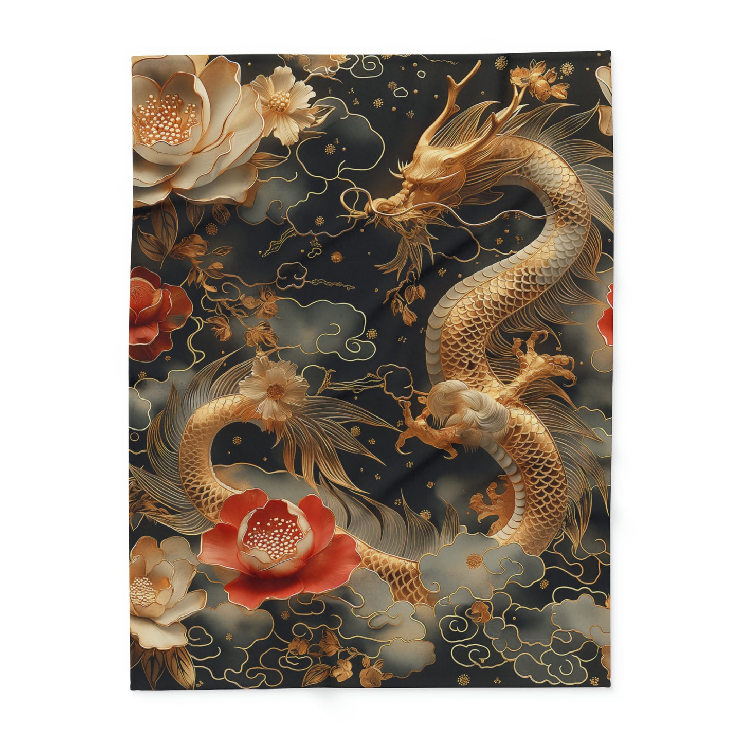 Arctic Fleece Blanket Luxurious Black and Gold Dragon