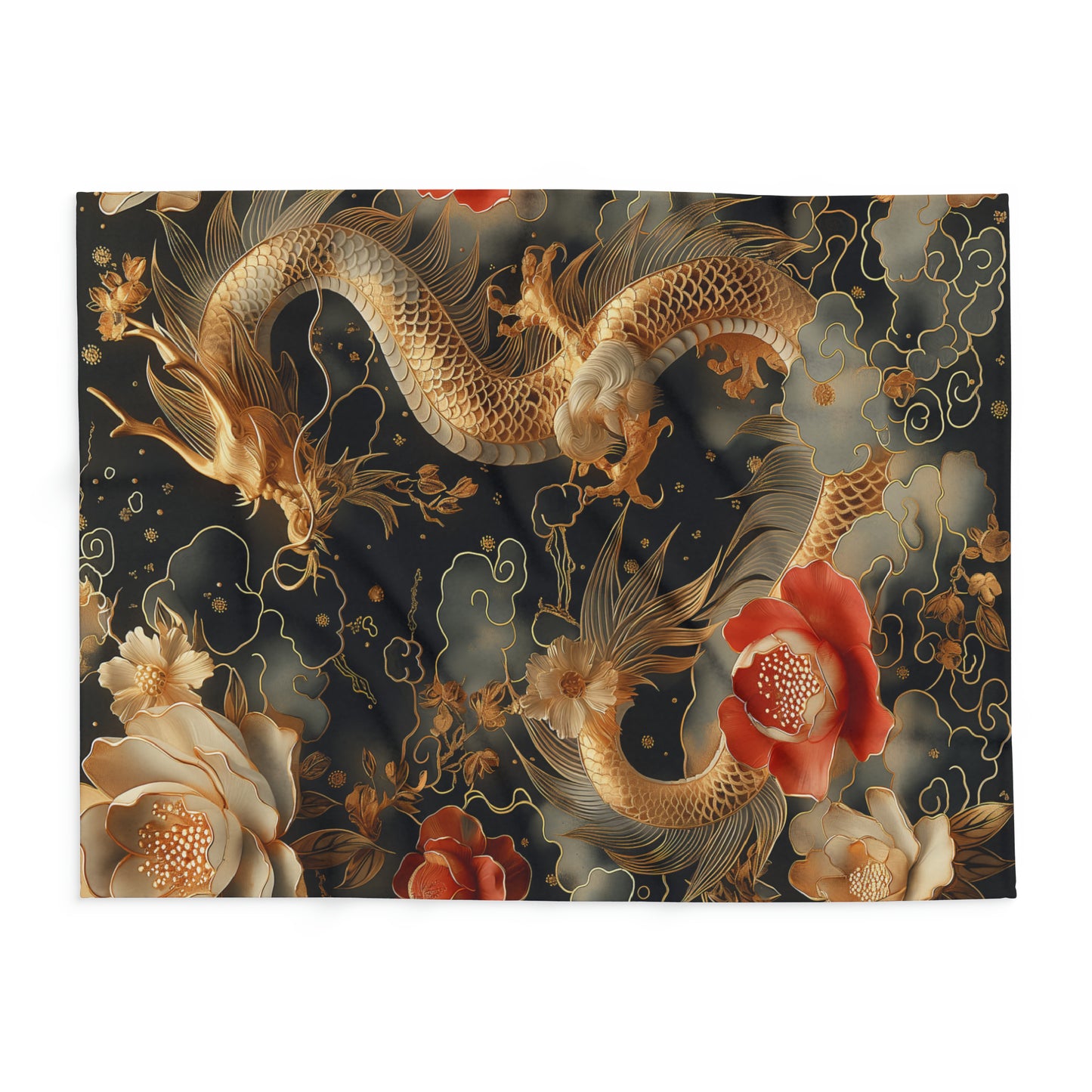 Arctic Fleece Blanket Luxurious Black and Gold Dragon