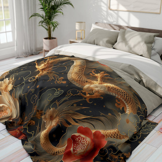 Arctic Fleece Blanket Luxurious Black and Gold Dragon