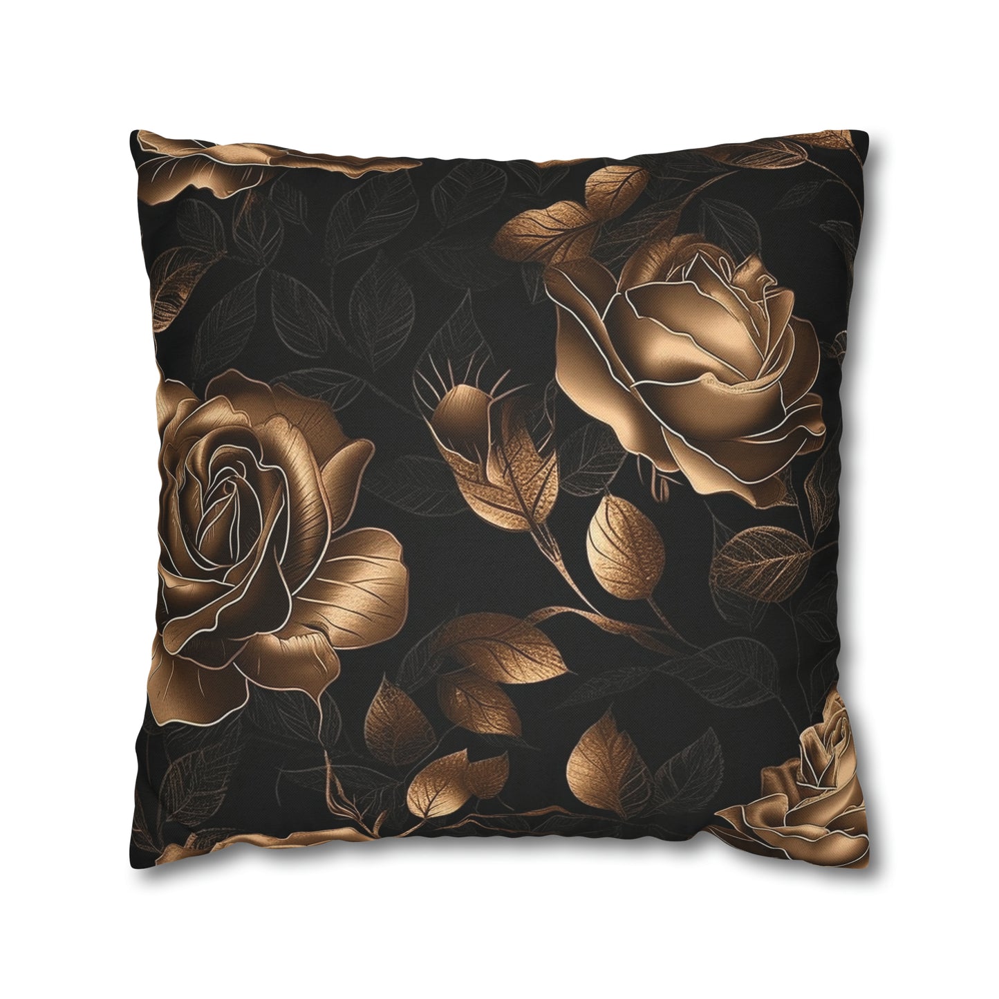 Spun Polyester Square Pillowcase Black and Gold Roses