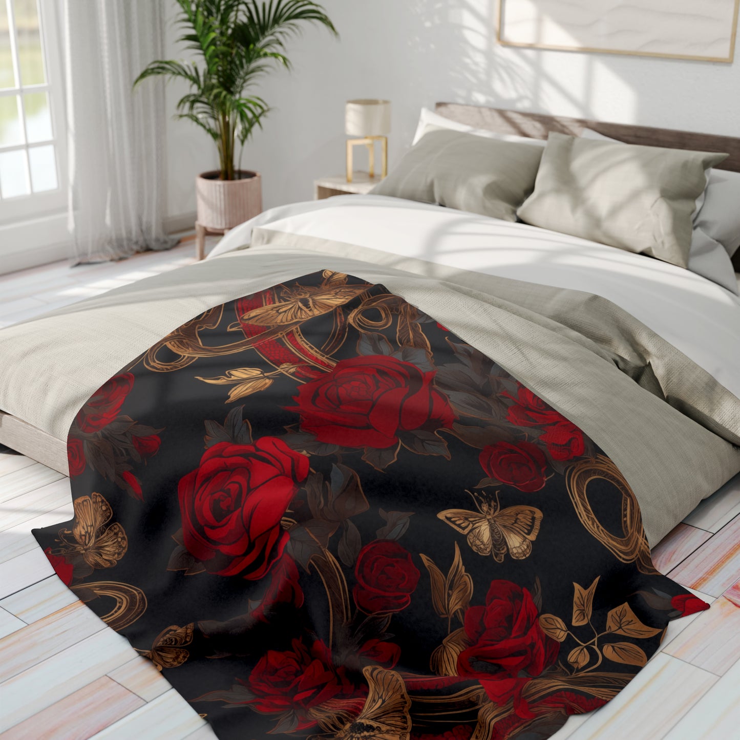 Arctic Fleece Blanket Roses and Gold Butterfly