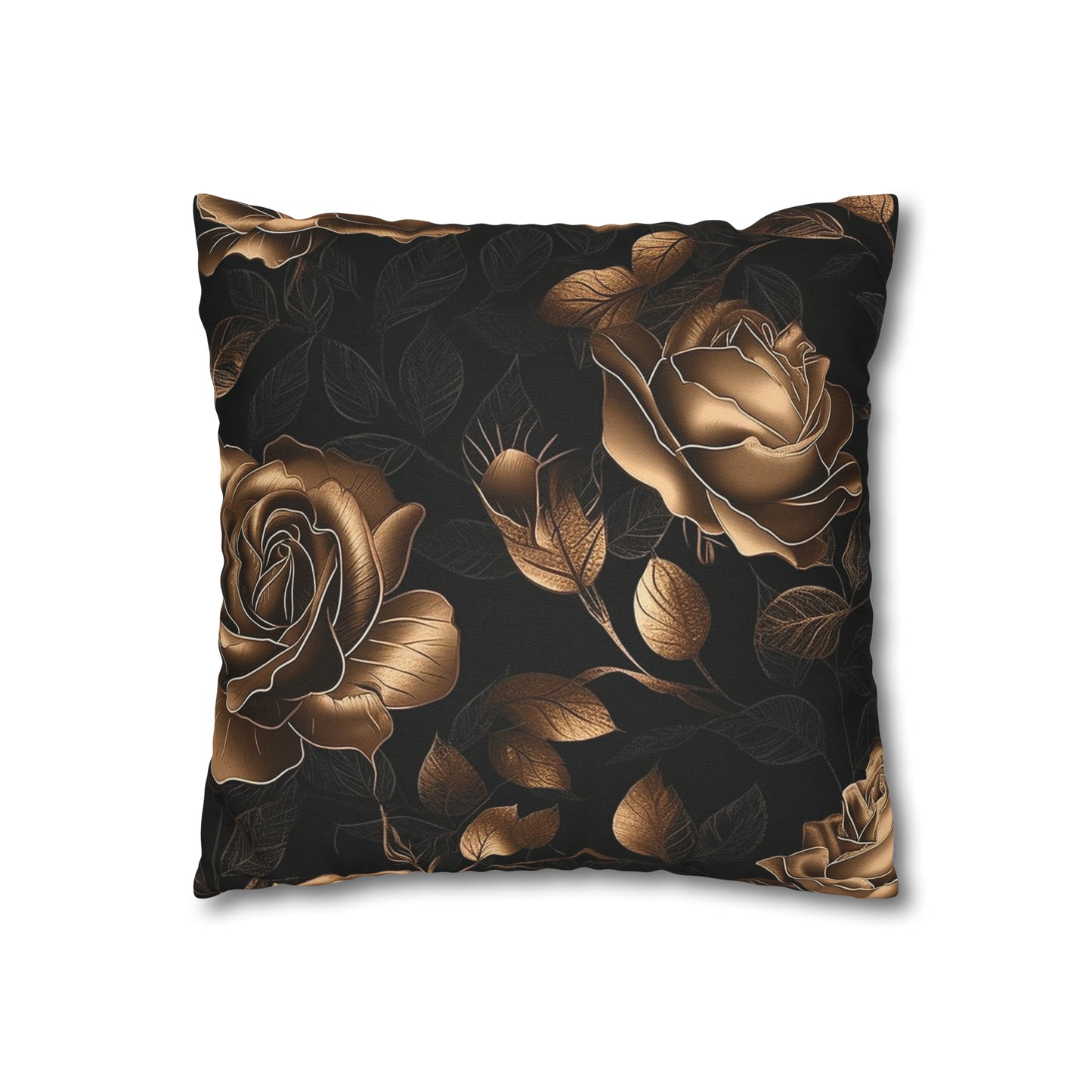 Spun Polyester Square Pillowcase Black and Gold Roses