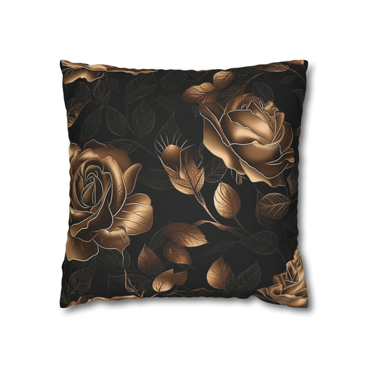 Spun Polyester Square Pillowcase Black and Gold Roses