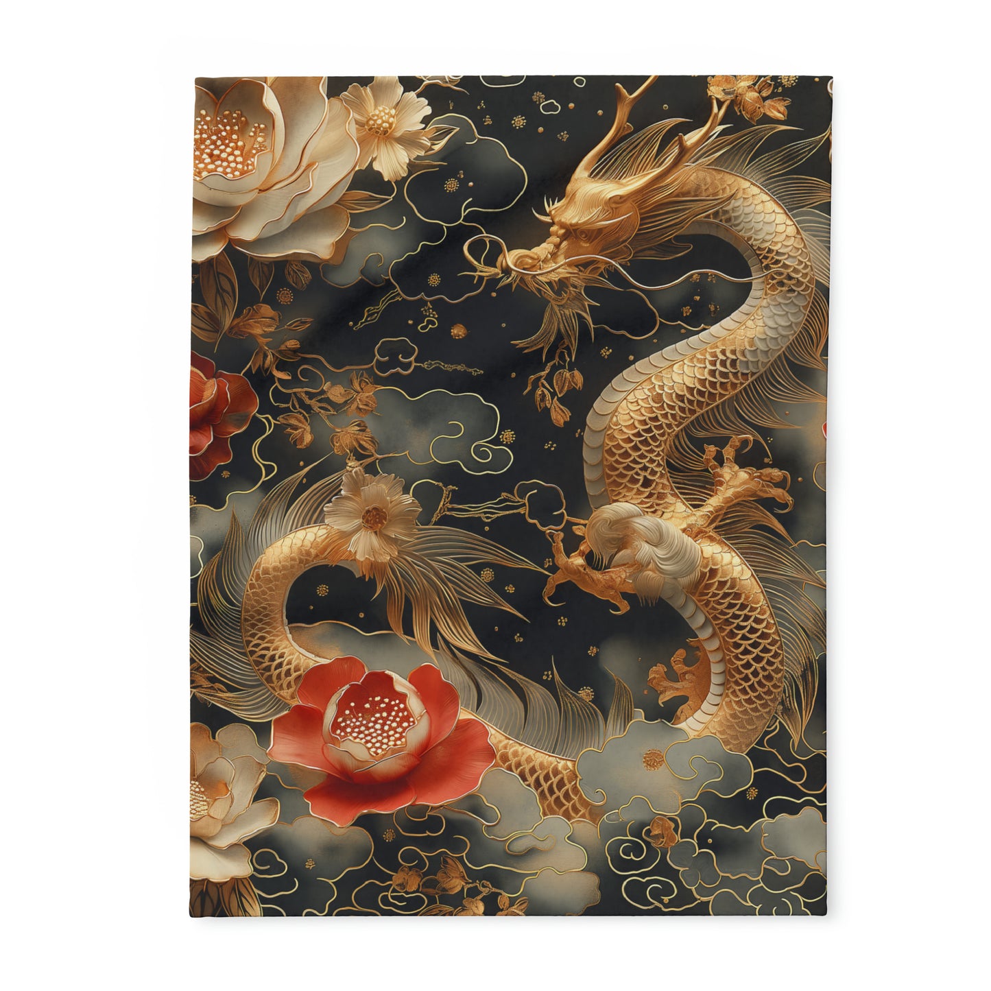 Arctic Fleece Blanket Luxurious Black and Gold Dragon