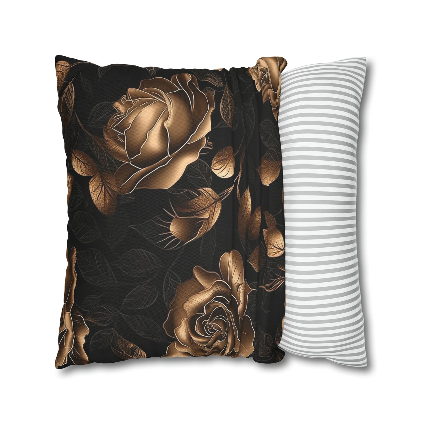 Spun Polyester Square Pillowcase Black and Gold Roses