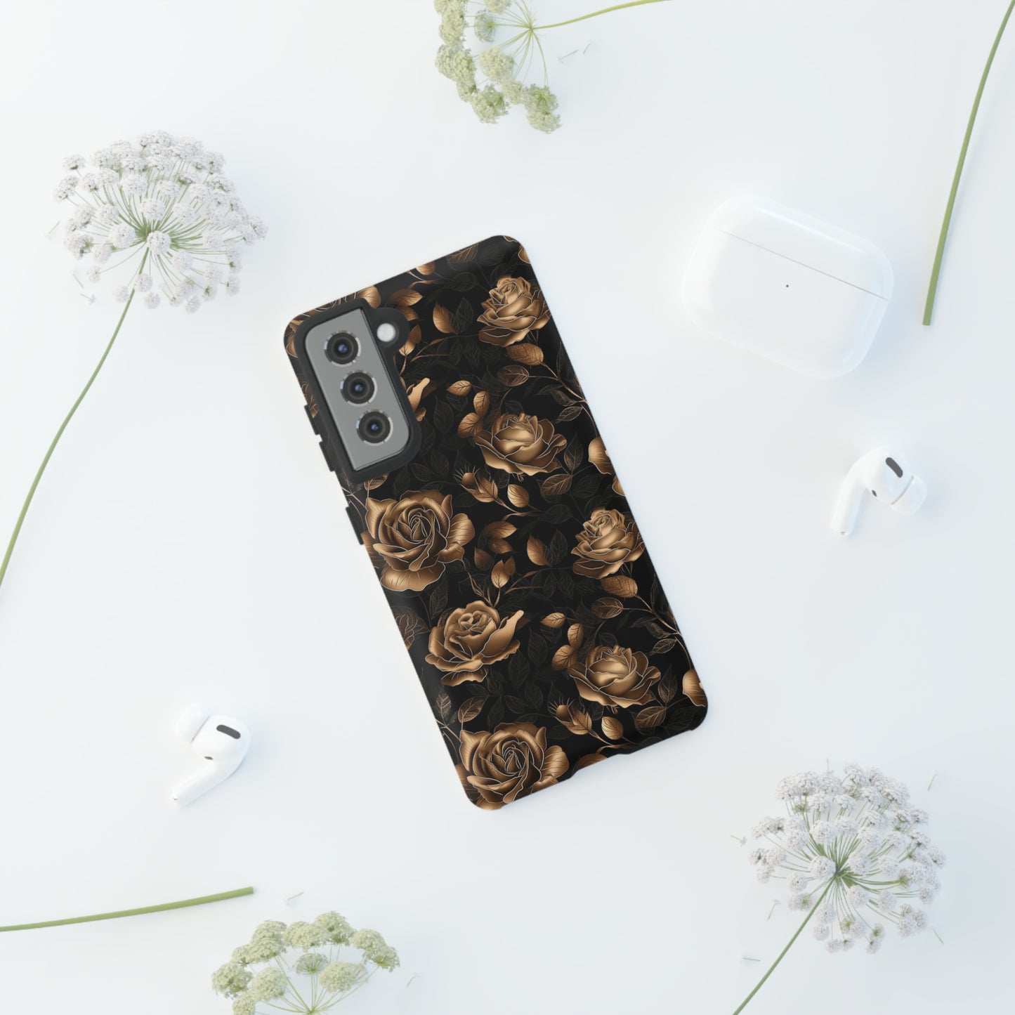 Tough Phone Case Black and Gold Roses