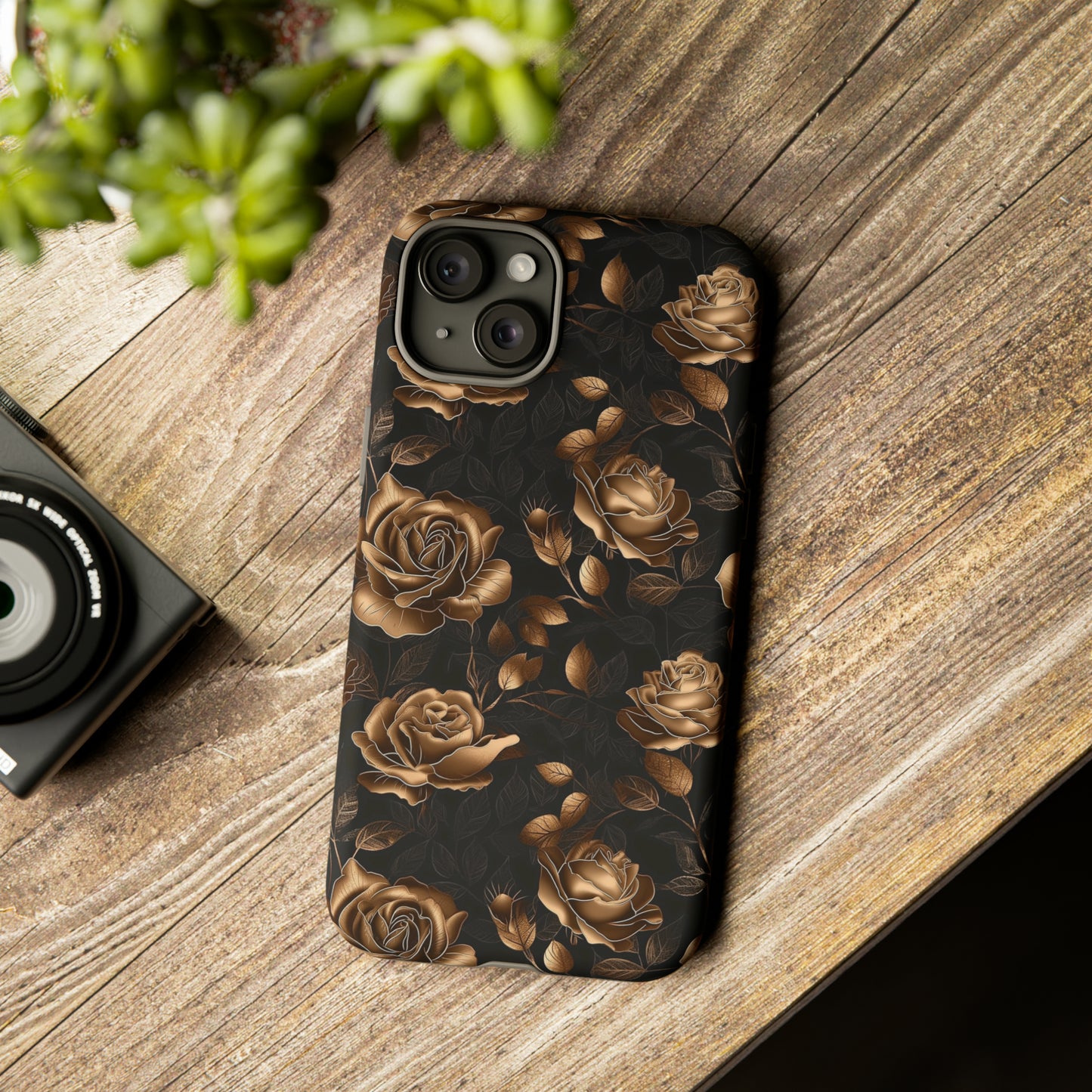 Tough Phone Case Black and Gold Roses