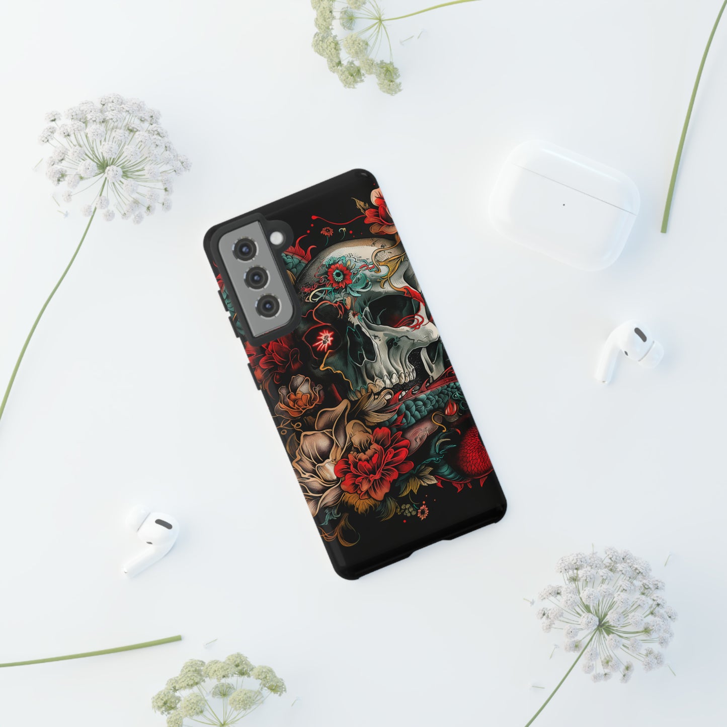 Tough Phone Case Skull and Rose