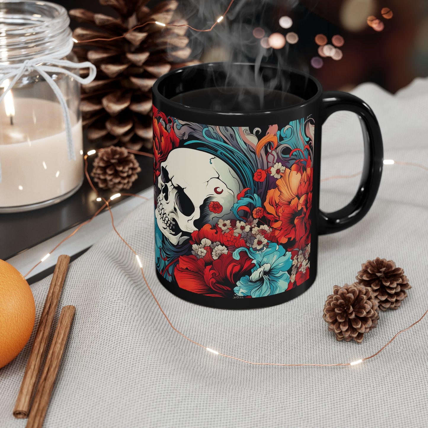 11oz Black Eternal Bloom Skull Mug (Red/Blue/Floral)