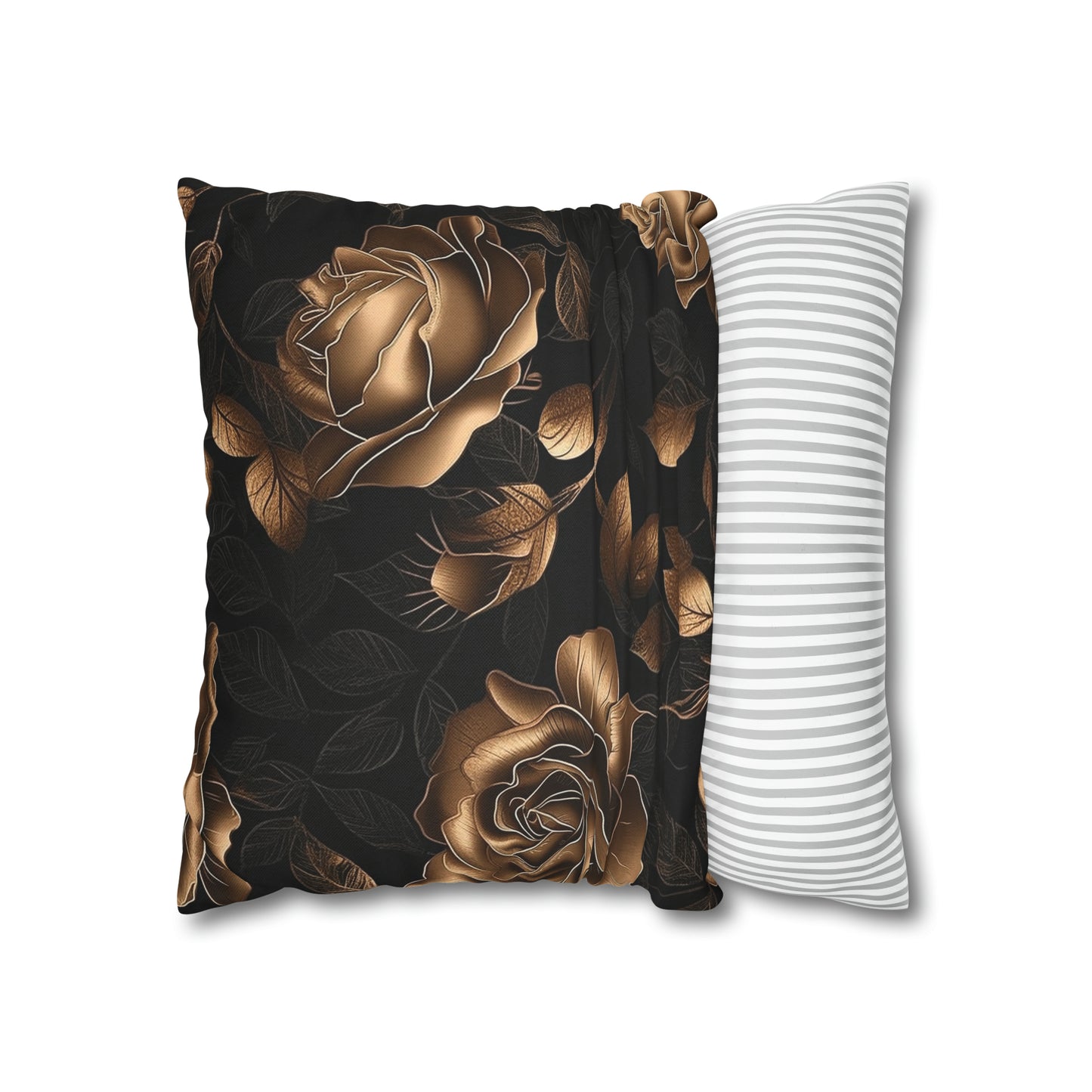 Spun Polyester Square Pillowcase Black and Gold Roses