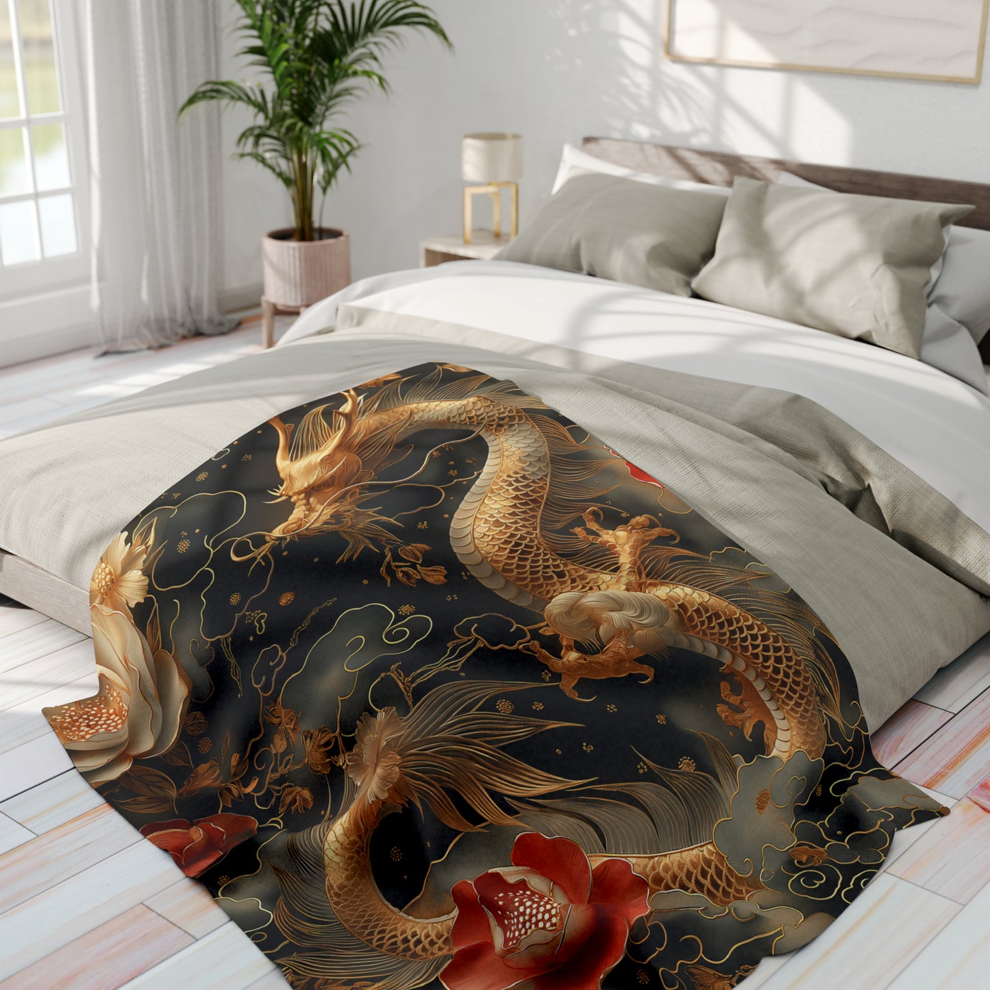 Arctic Fleece Blanket Luxurious Black and Gold Dragon