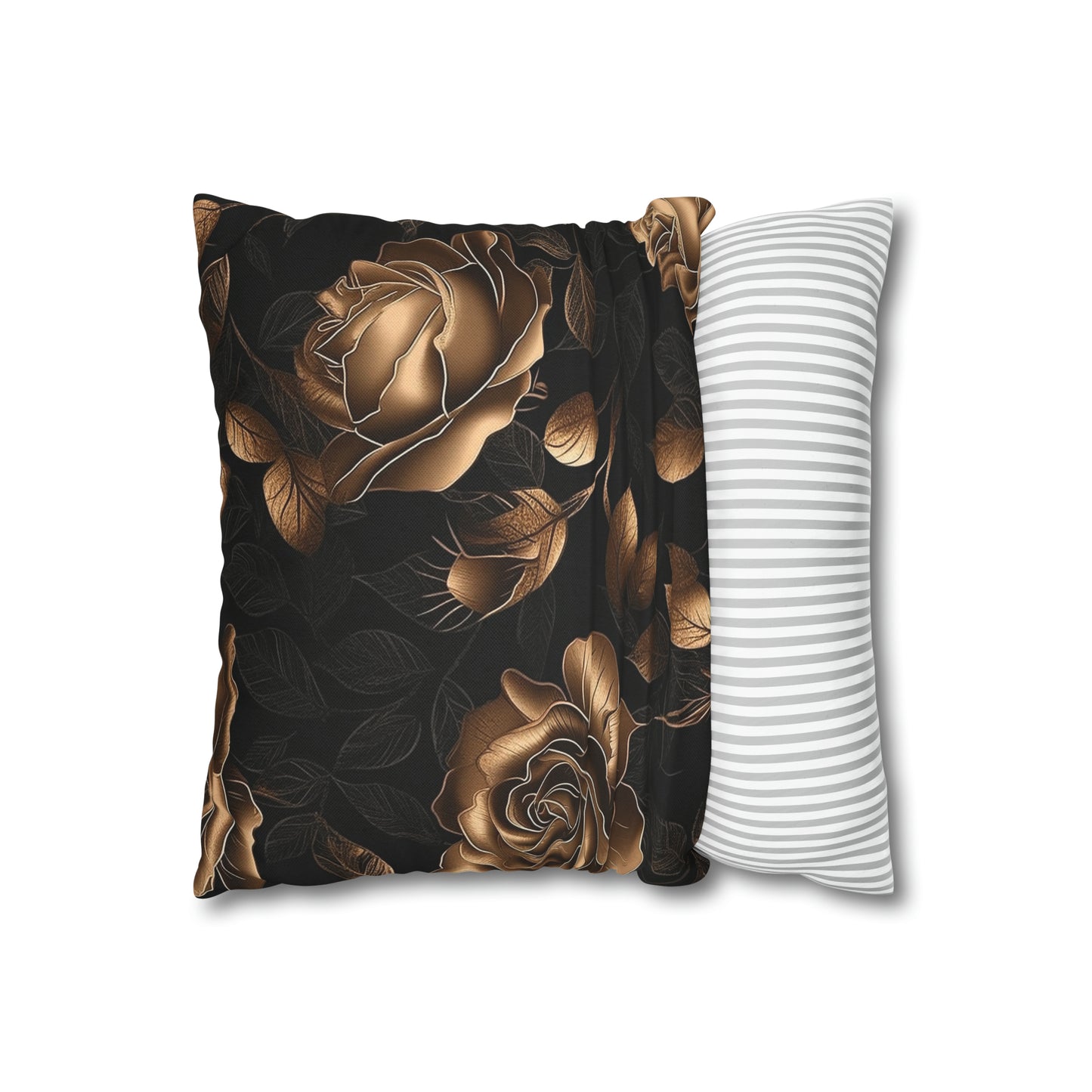 Spun Polyester Square Pillowcase Black and Gold Roses