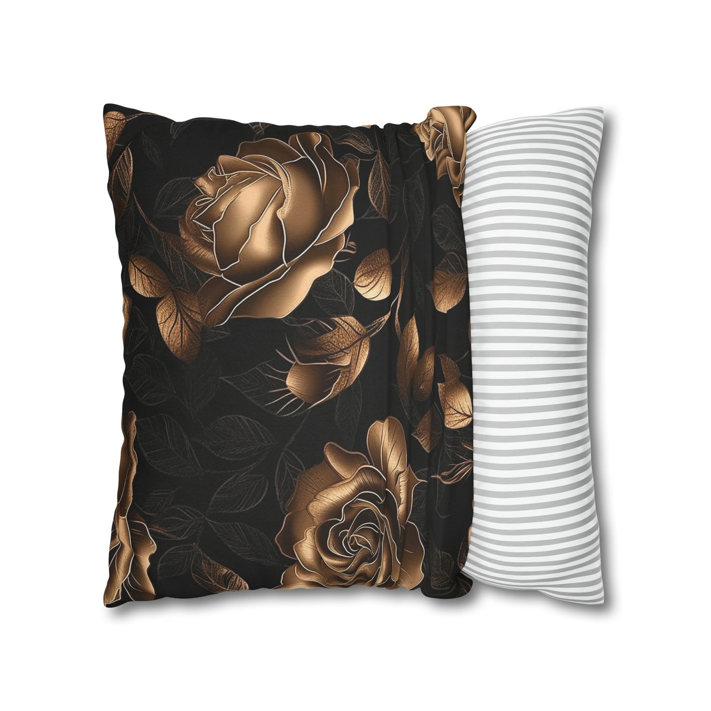 Spun Polyester Square Pillowcase Black and Gold Roses