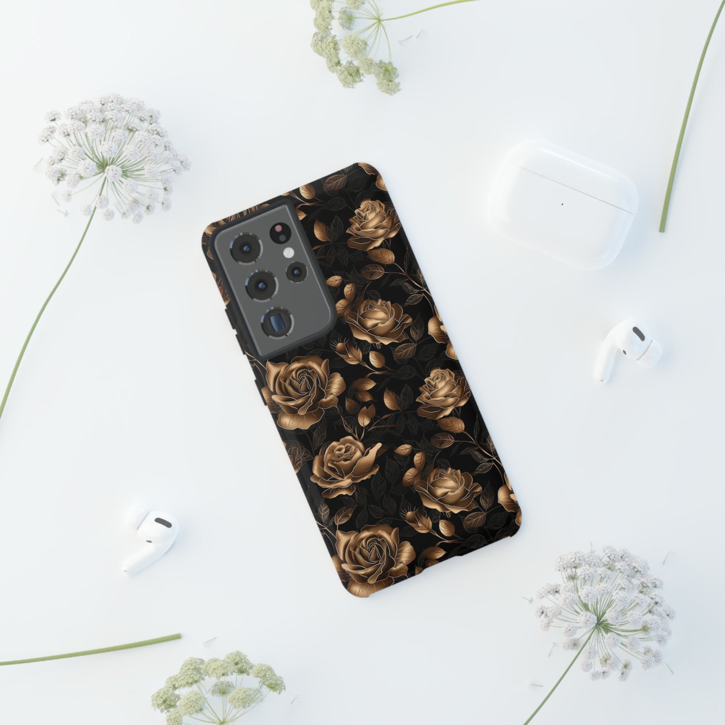 Tough Phone Case Black and Gold Roses