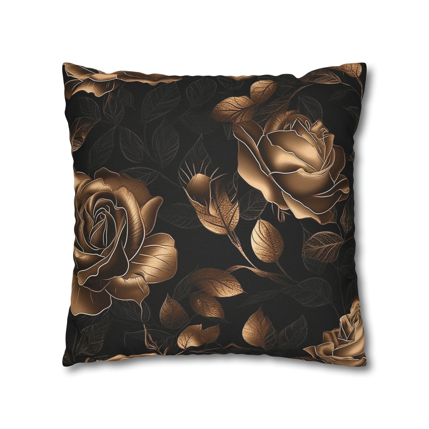 Spun Polyester Square Pillowcase Black and Gold Roses